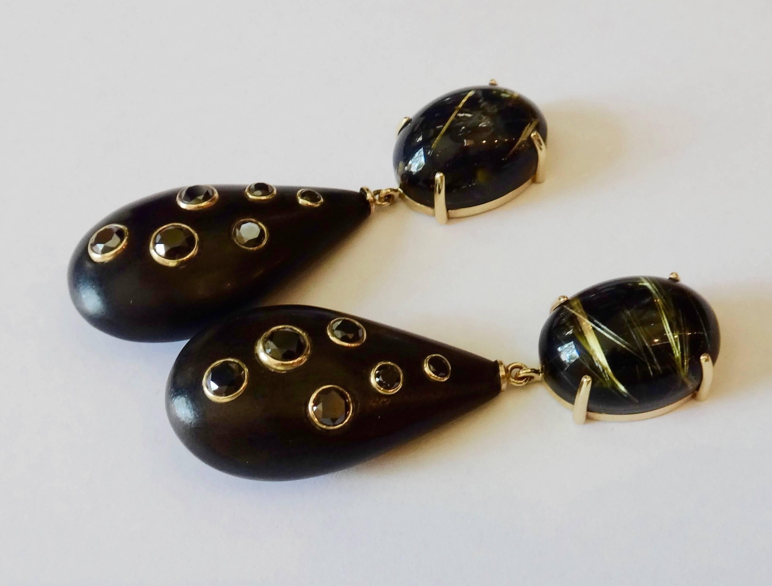 Michael Kneebone Rutilated Quartz Ebony Black Diamond Gold Dangle Earrings In Excellent Condition In Austin, TX