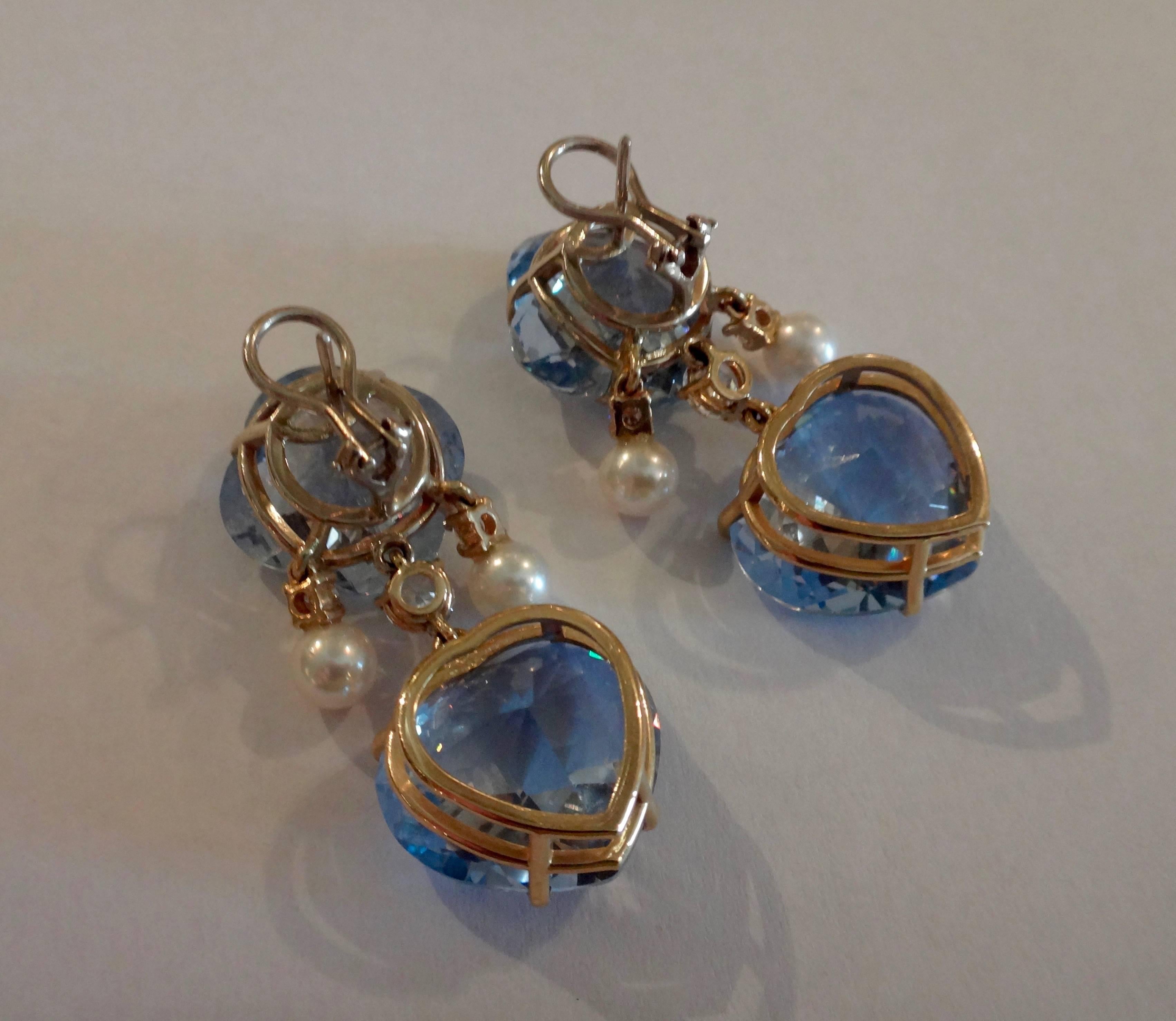 Contemporary Michael Kneebone Blue Topaz Akoya Pearl Diamond Two-Color Gold Dangle Earrings
