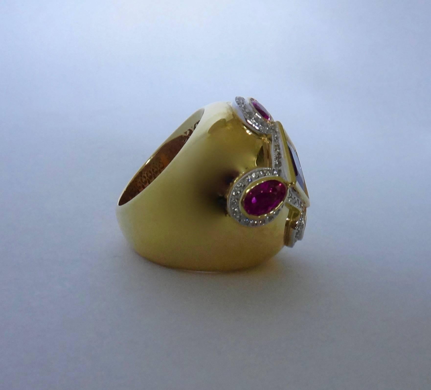 Oval Cut Michael Kneebone Purple and Pink Spinel Pave Diamond Gold Dome Ring