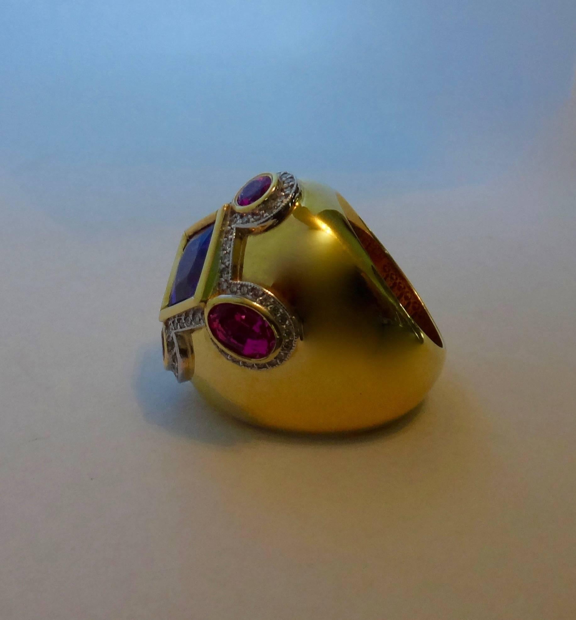 Women's or Men's Michael Kneebone Purple and Pink Spinel Pave Diamond Gold Dome Ring