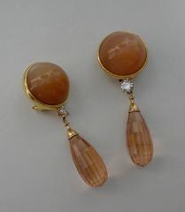 Peach Colored Star Moonstone Morganite Briolette Diamond Gold Drop Earrings