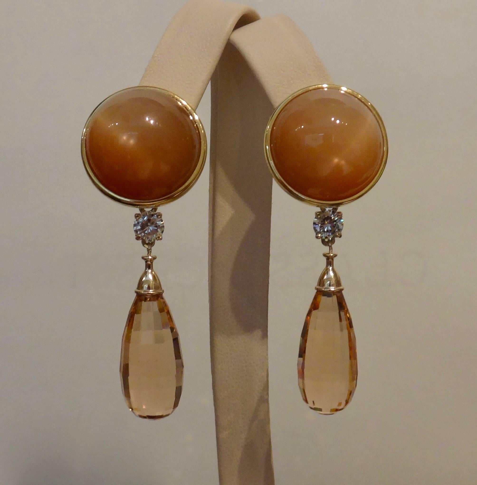 Peach Colored Star Moonstone Morganite Briolette Diamond Gold Drop Earrings In Excellent Condition In Austin, TX