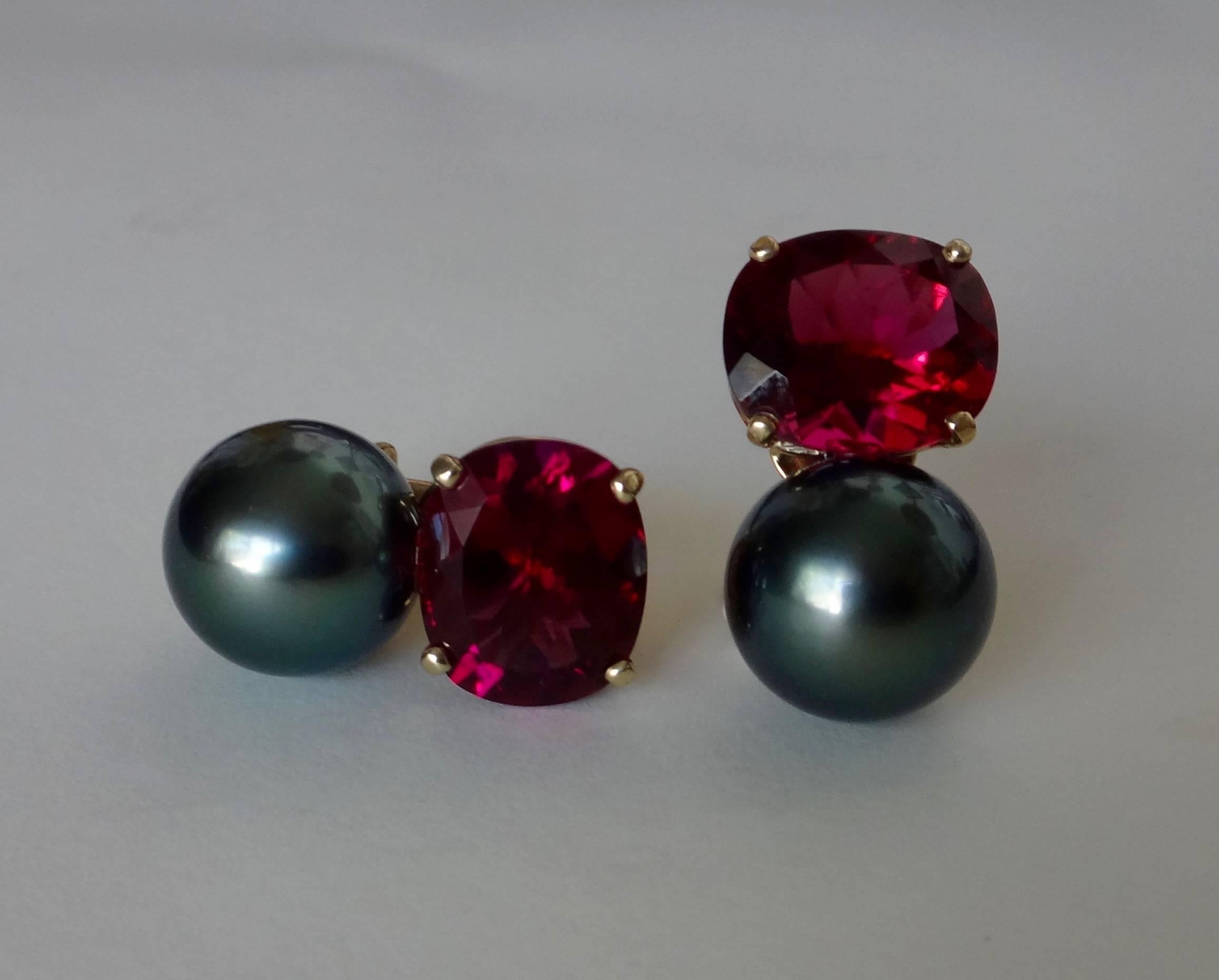Rubelite Tourmaline Black Tahitian Pearl Earrings In Excellent Condition In Austin, TX