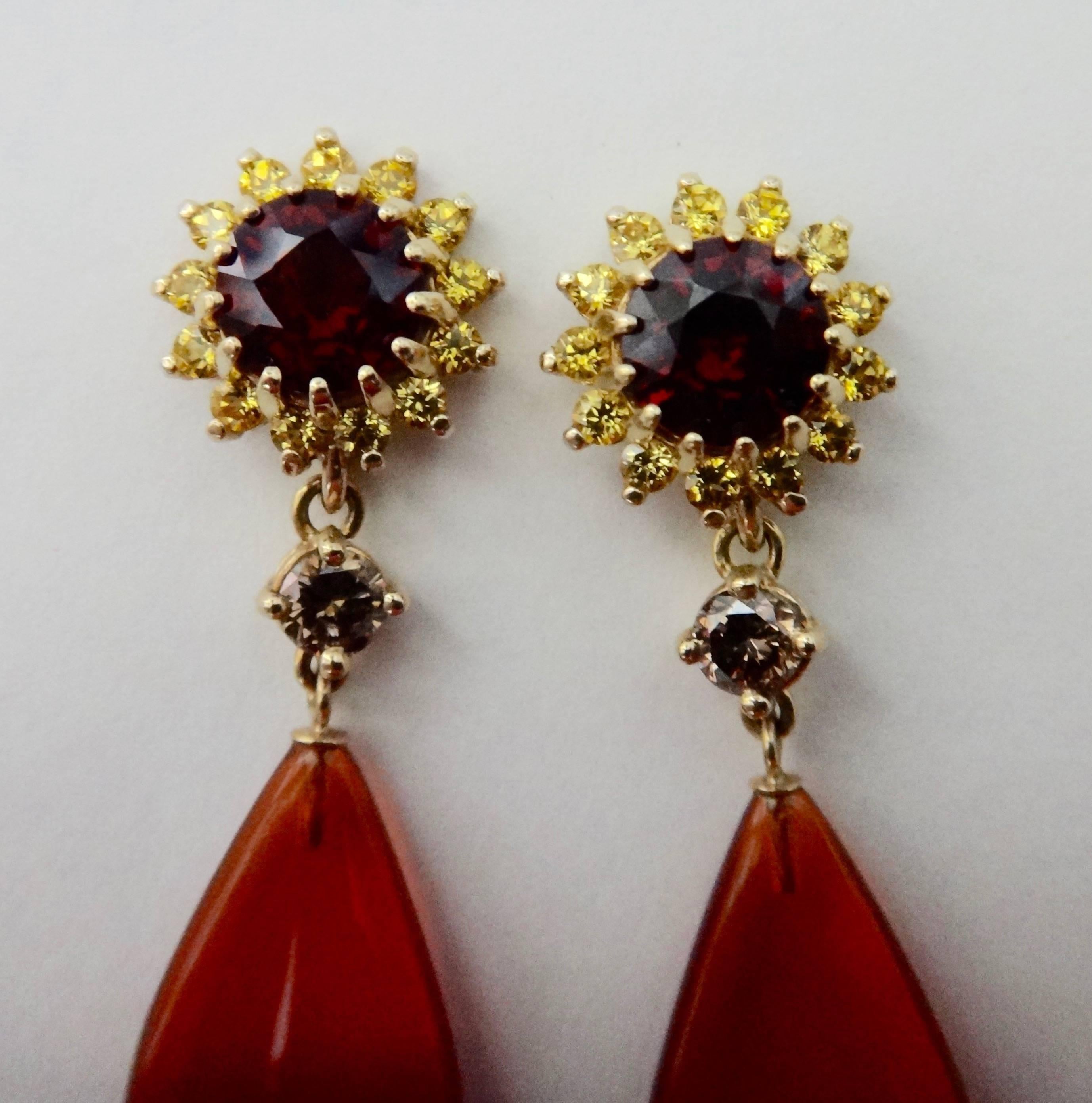  Michael Kneebone Garnet Yellow Sapphire Mexican Fire Opal Diamond Drop Earrings In Excellent Condition In Austin, TX