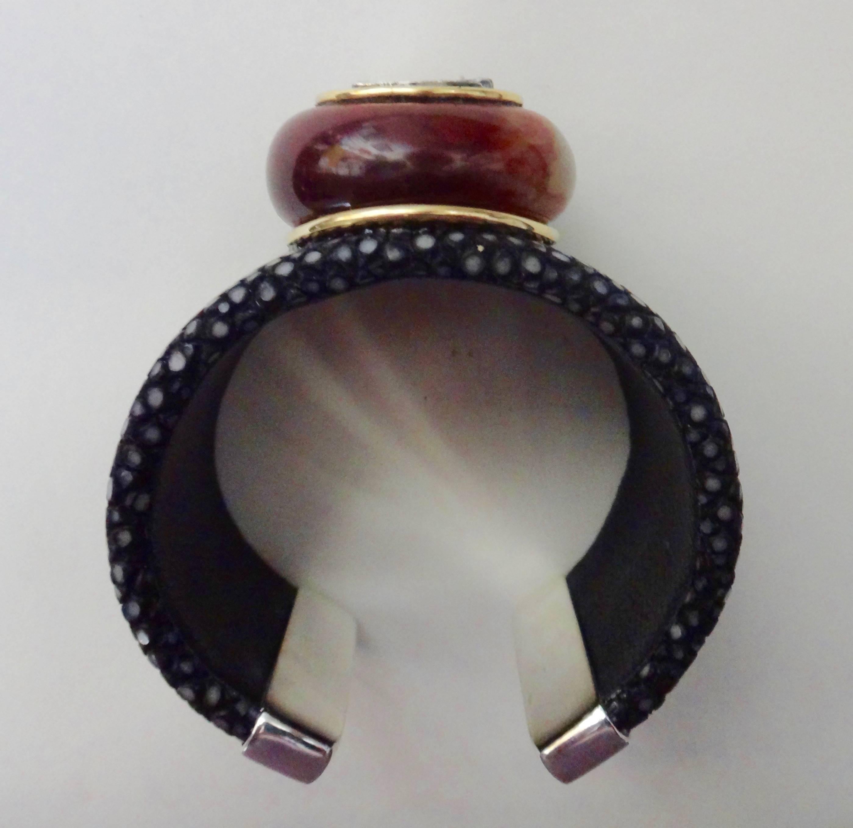 Michael Kneebone Jadeite Silver Amulet Black Stingray Cuff Bracelet In Excellent Condition In Austin, TX