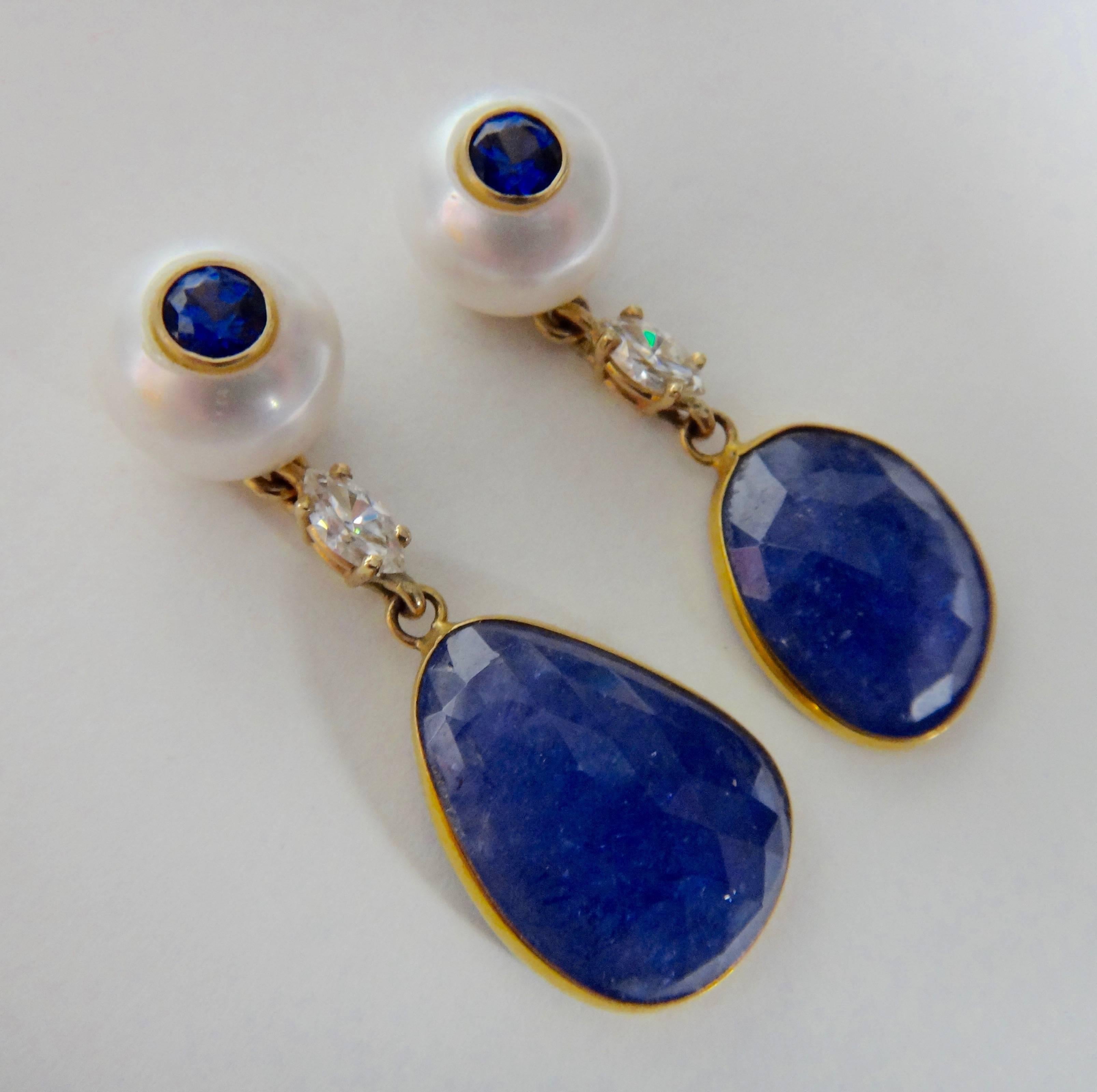 Contemporary Michael Kneebone Tanzanite Button Pearl Blue Sapphire Diamond Drop Earrings