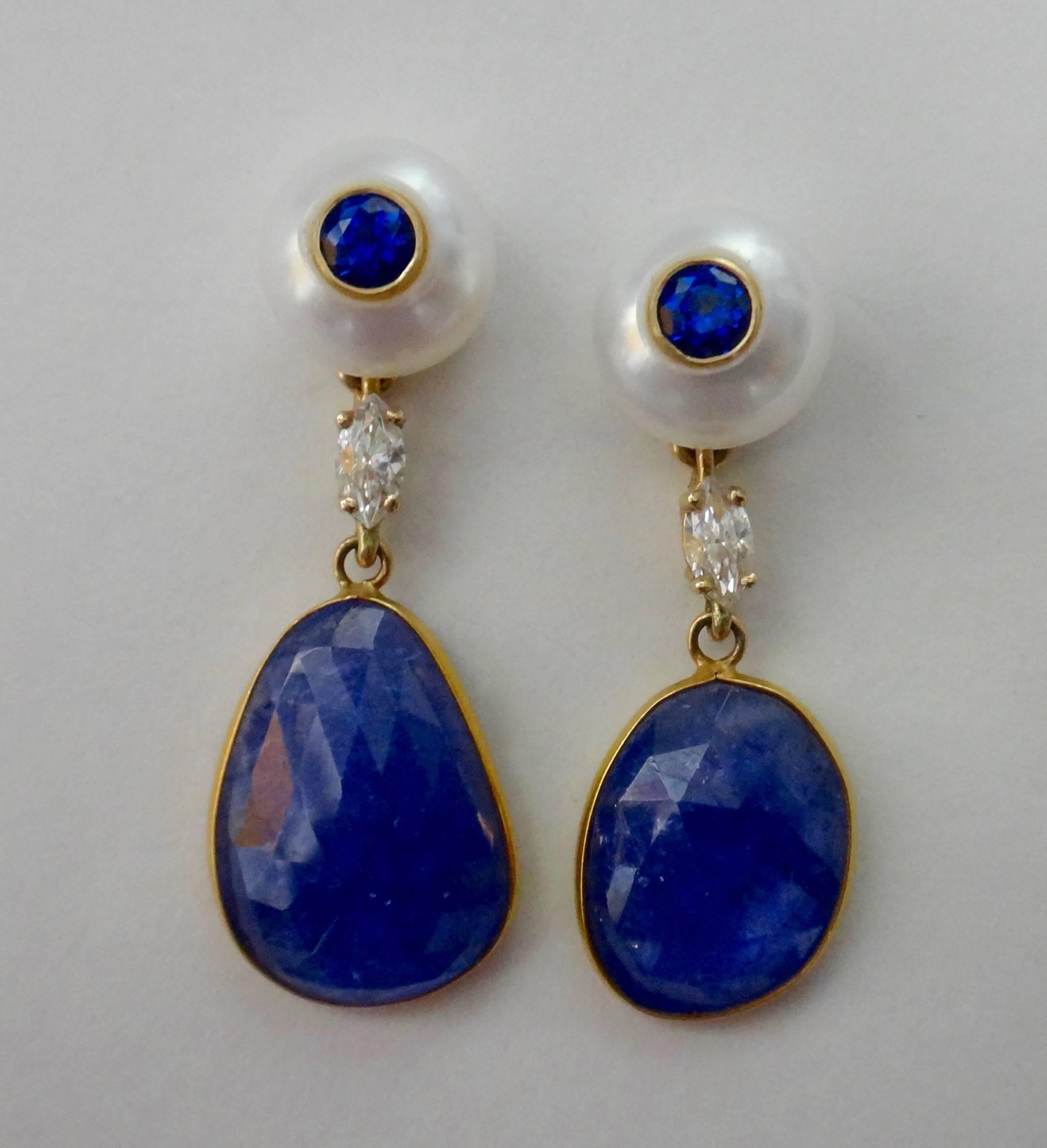 Michael Kneebone Tanzanite Button Pearl Blue Sapphire Diamond Drop Earrings In Excellent Condition In Austin, TX