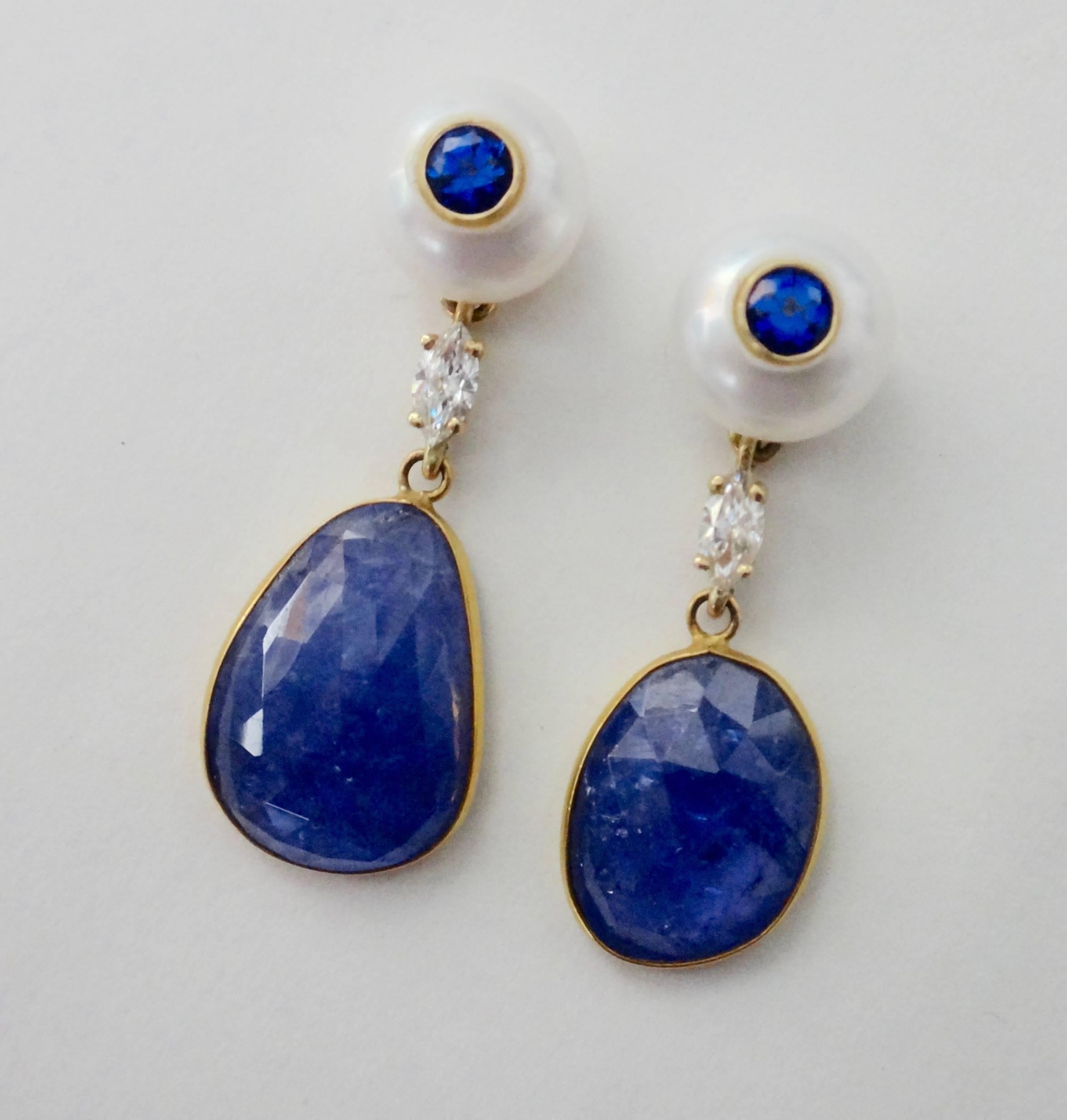 Women's Michael Kneebone Tanzanite Button Pearl Blue Sapphire Diamond Drop Earrings