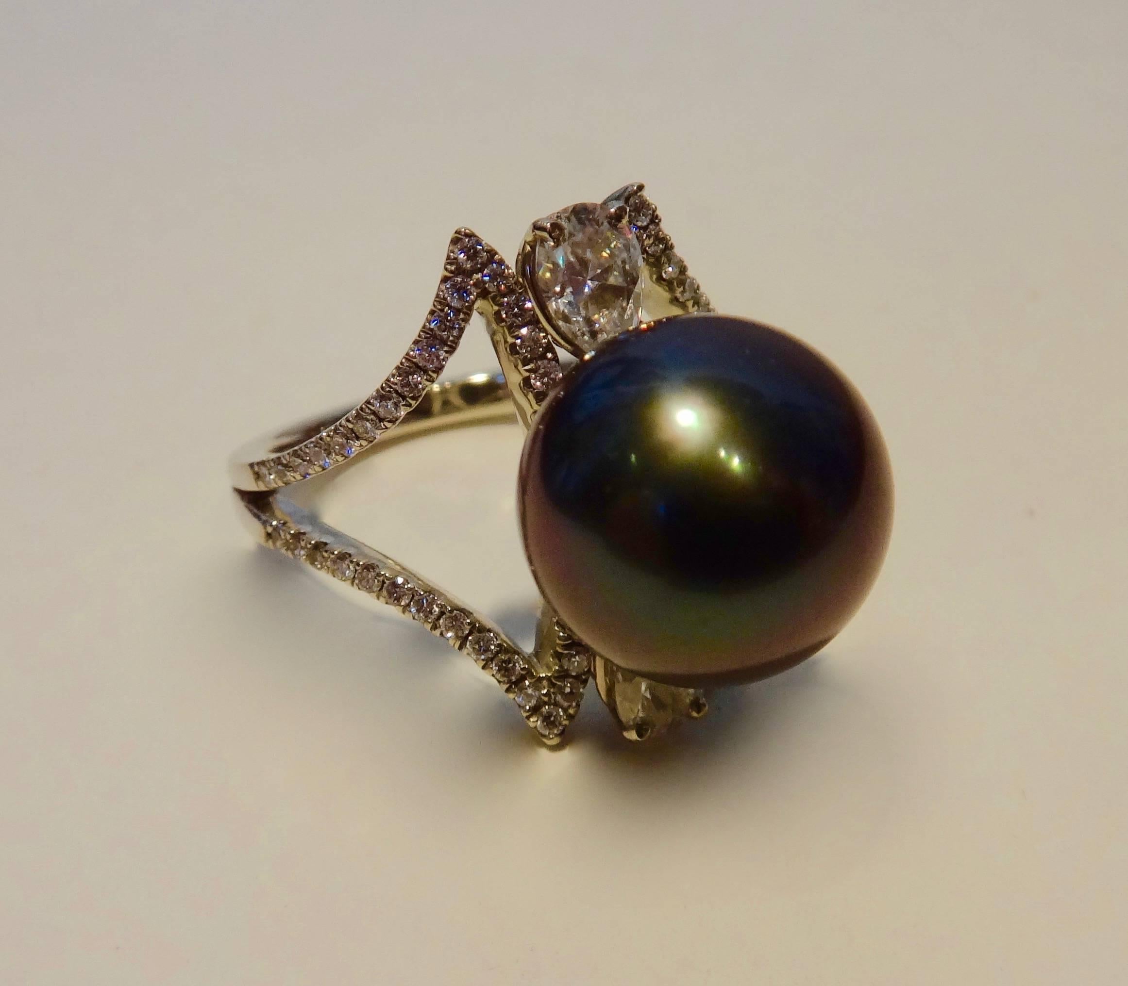 Contemporary Black Tahitian Pearl Diamond White Gold Cocktail Ring