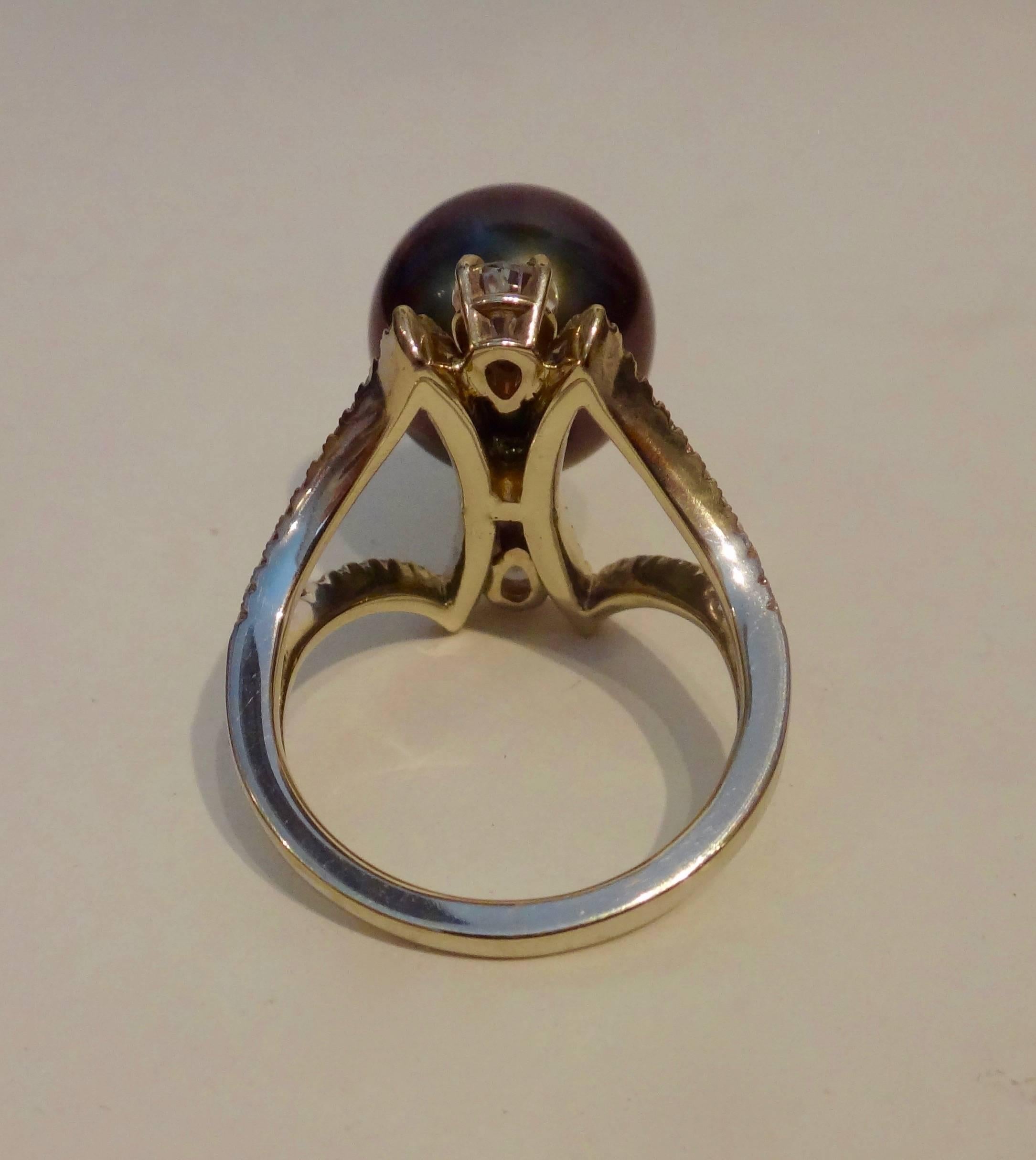 Black Tahitian Pearl Diamond White Gold Cocktail Ring In Excellent Condition In Austin, TX