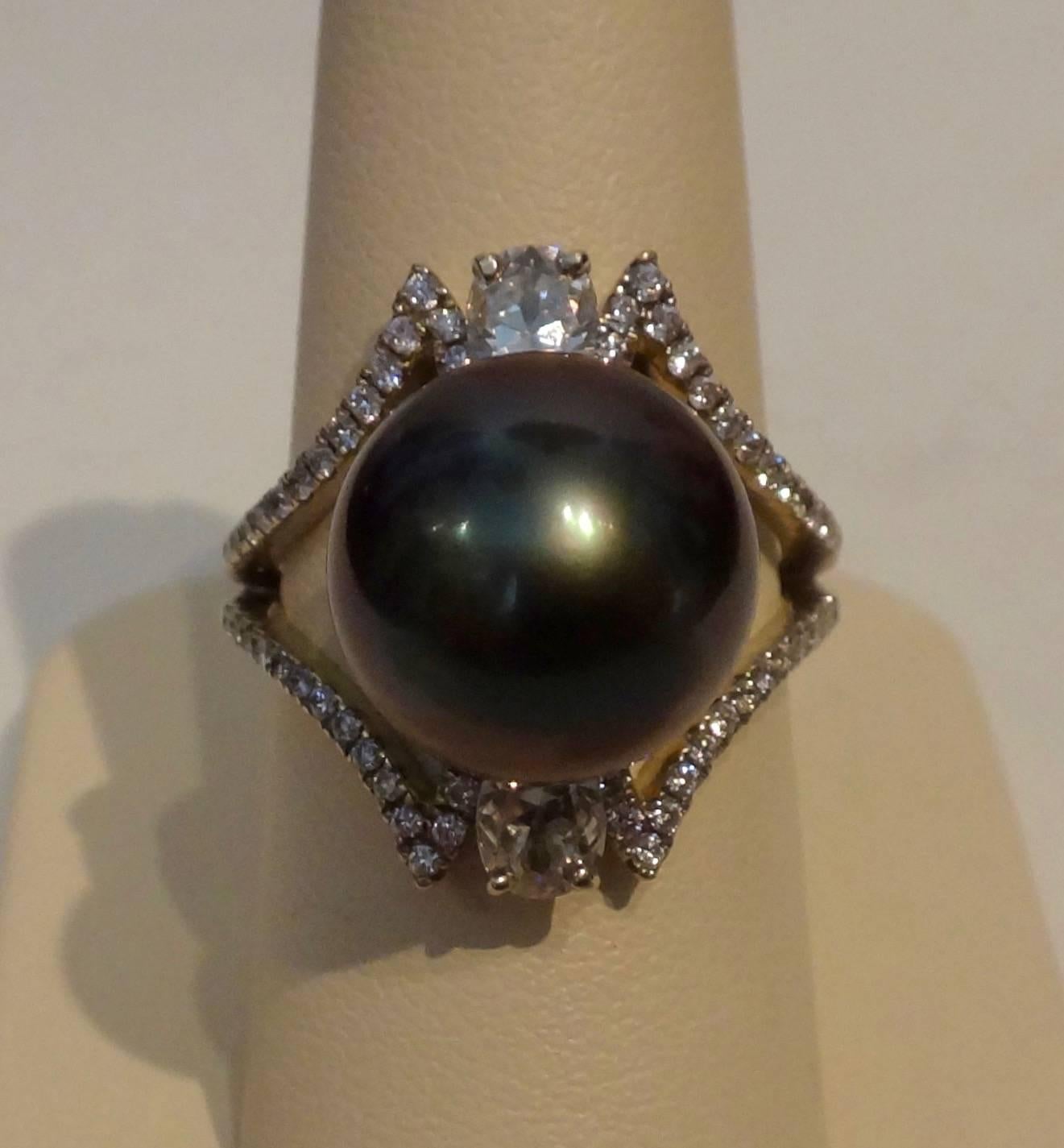 Women's Black Tahitian Pearl Diamond White Gold Cocktail Ring