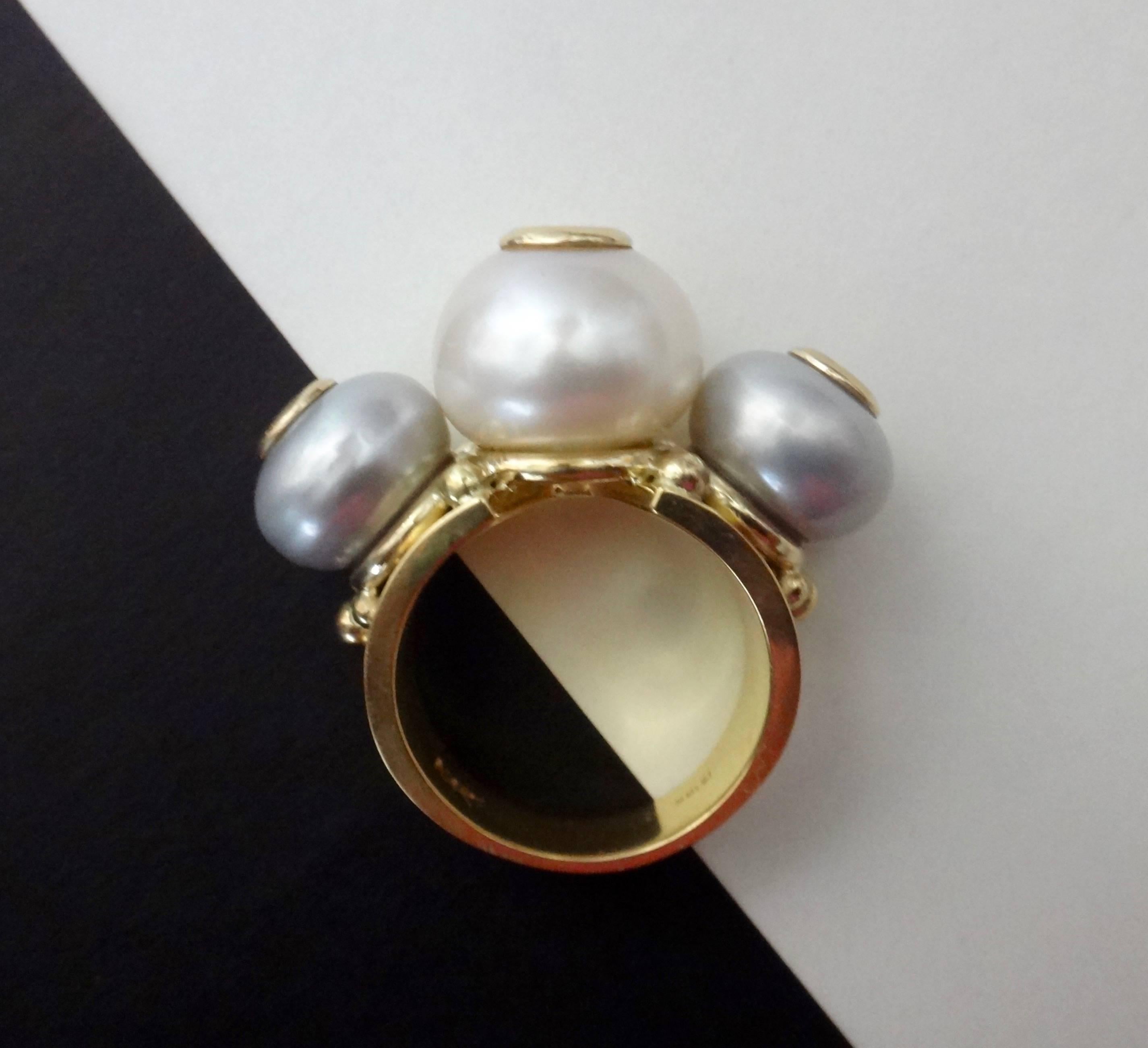 Michael Kneebone Cultured White Gray Pearl Diamond Tre Perla Ring In Excellent Condition In Austin, TX