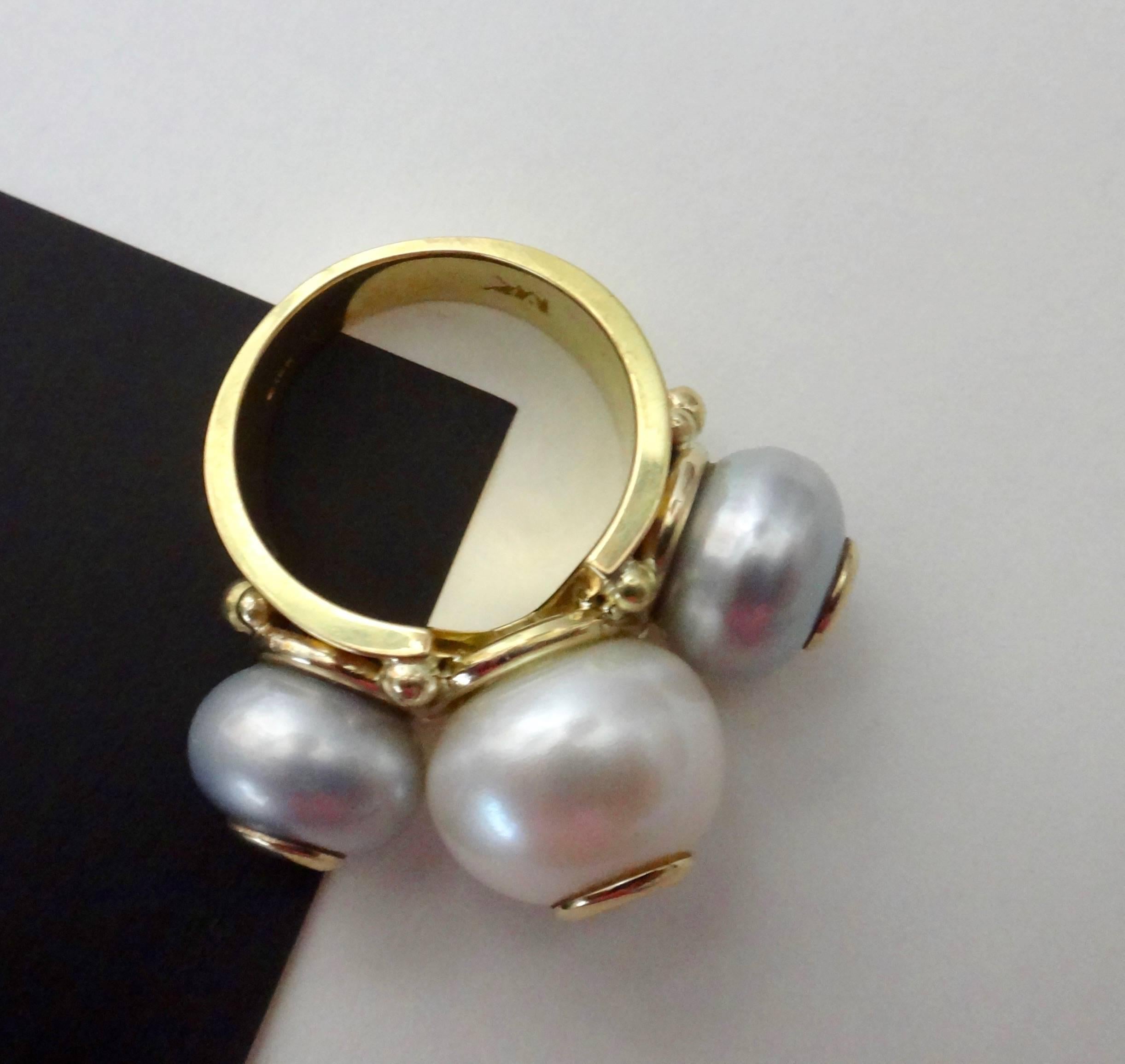 Women's Michael Kneebone Cultured White Gray Pearl Diamond Tre Perla Ring