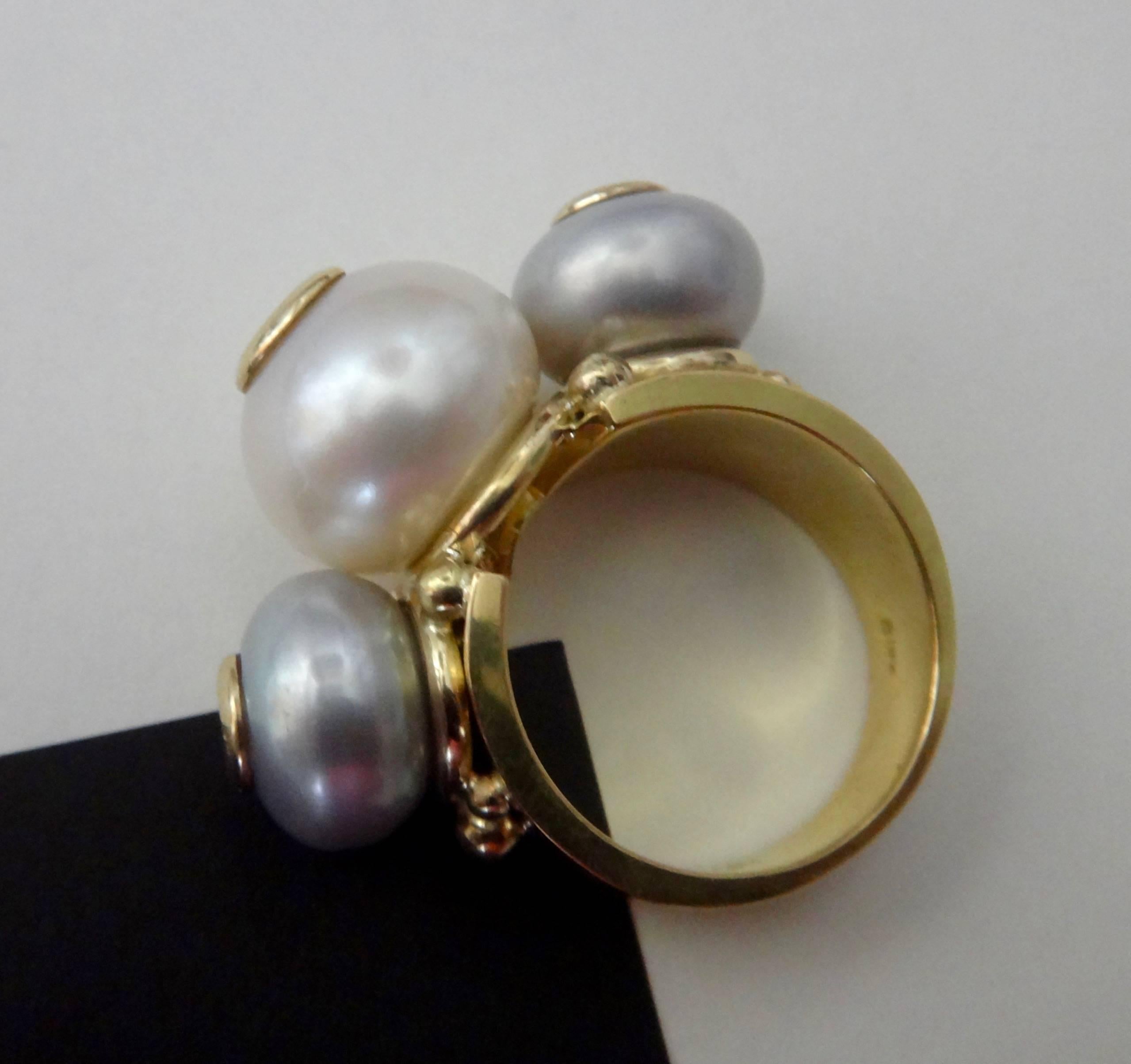 Michael Kneebone Cultured White Gray Pearl Diamond Tre Perla Ring 1