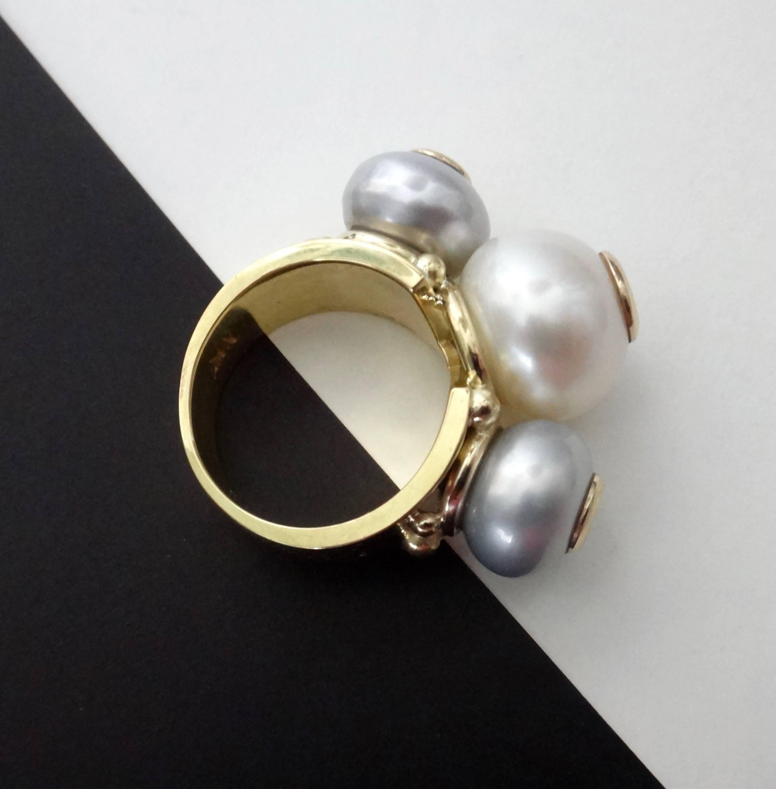 Michael Kneebone Cultured White Gray Pearl Diamond Tre Perla Ring 2