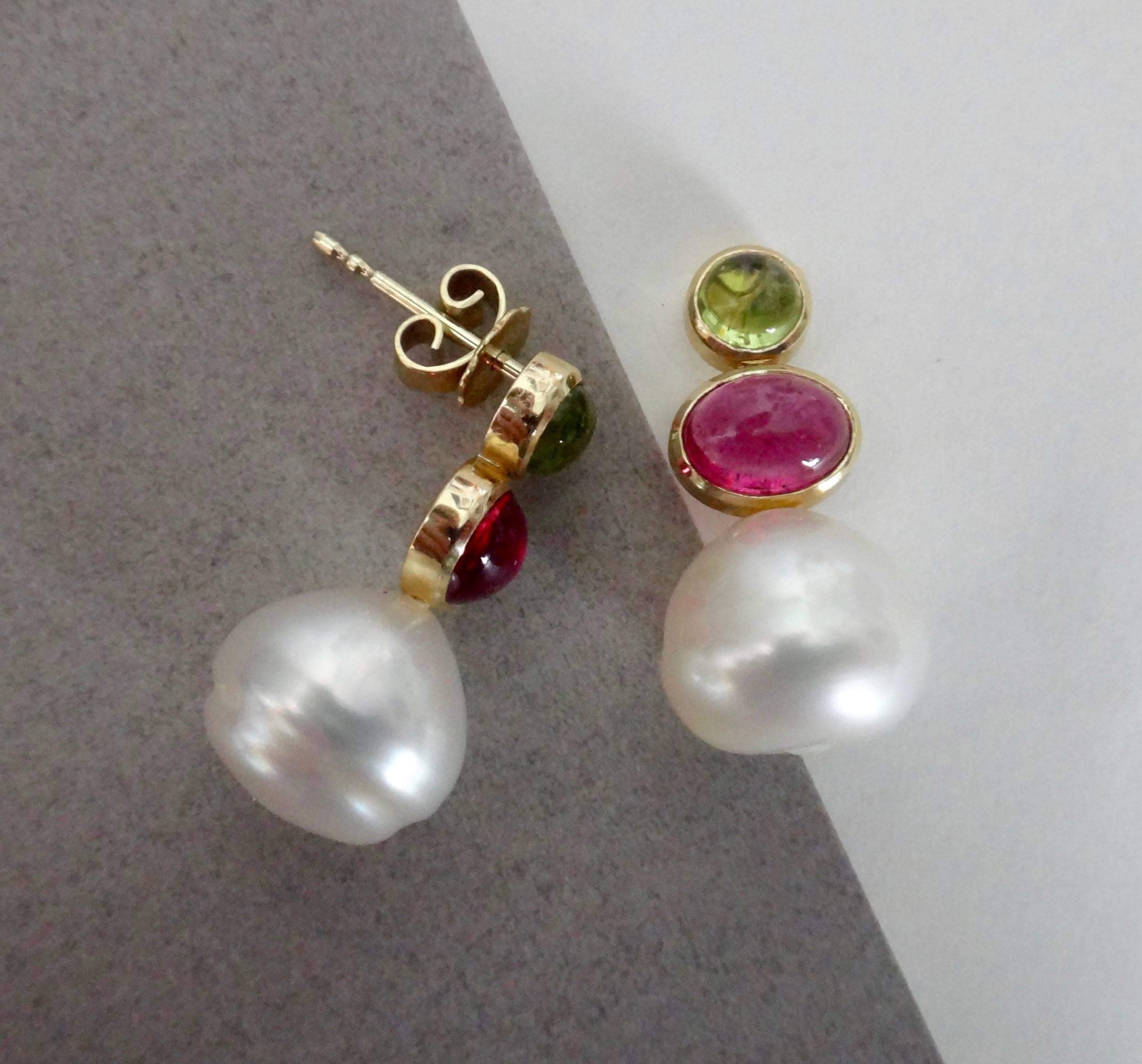 Contemporary Baroque South Seas Pearl Peridot Pink Tourmaline Cabochon Drop Earring