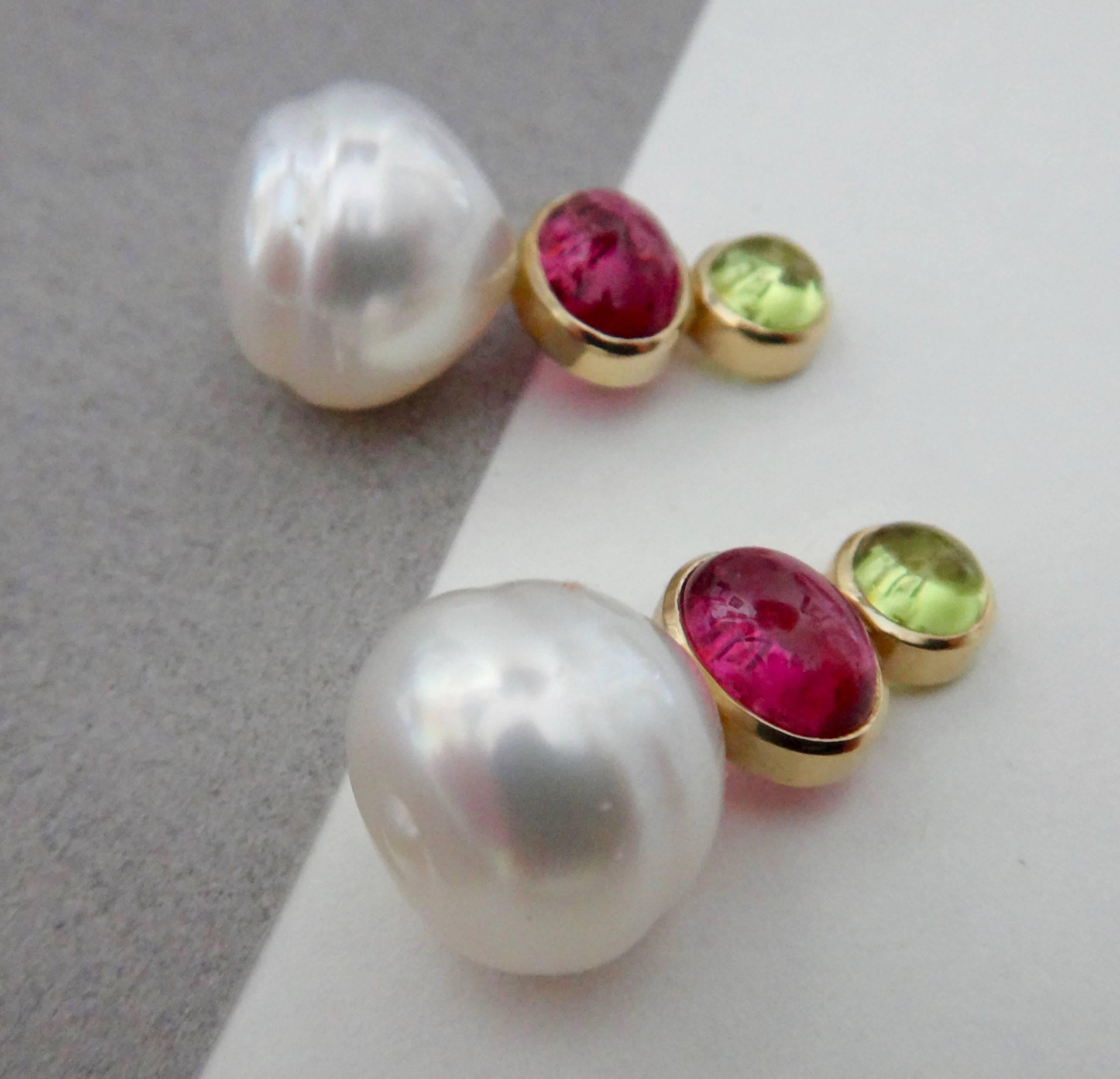 Baroque South Seas Pearl Peridot Pink Tourmaline Cabochon Drop Earring In Excellent Condition In Austin, TX