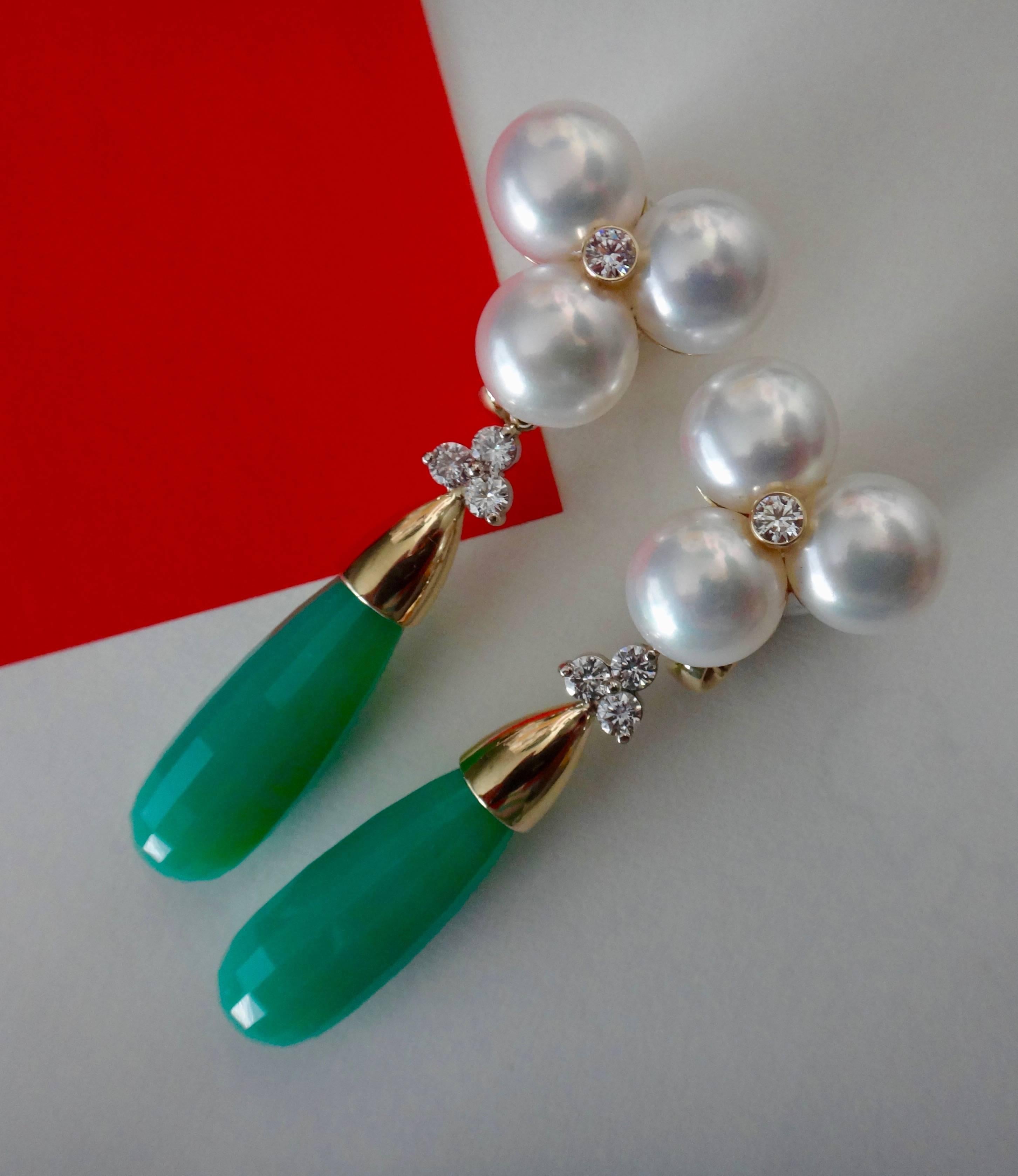 Michael Kneebone White Pearl Diamond Removable Chrysoprase Drop Earrings In Excellent Condition In Austin, TX