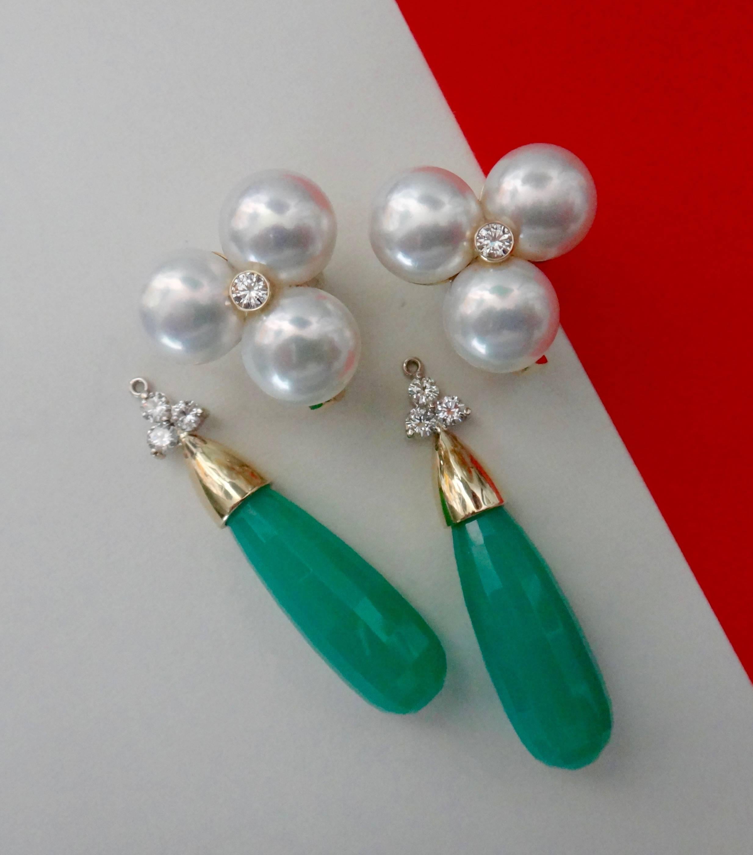 Women's Michael Kneebone White Pearl Diamond Removable Chrysoprase Drop Earrings