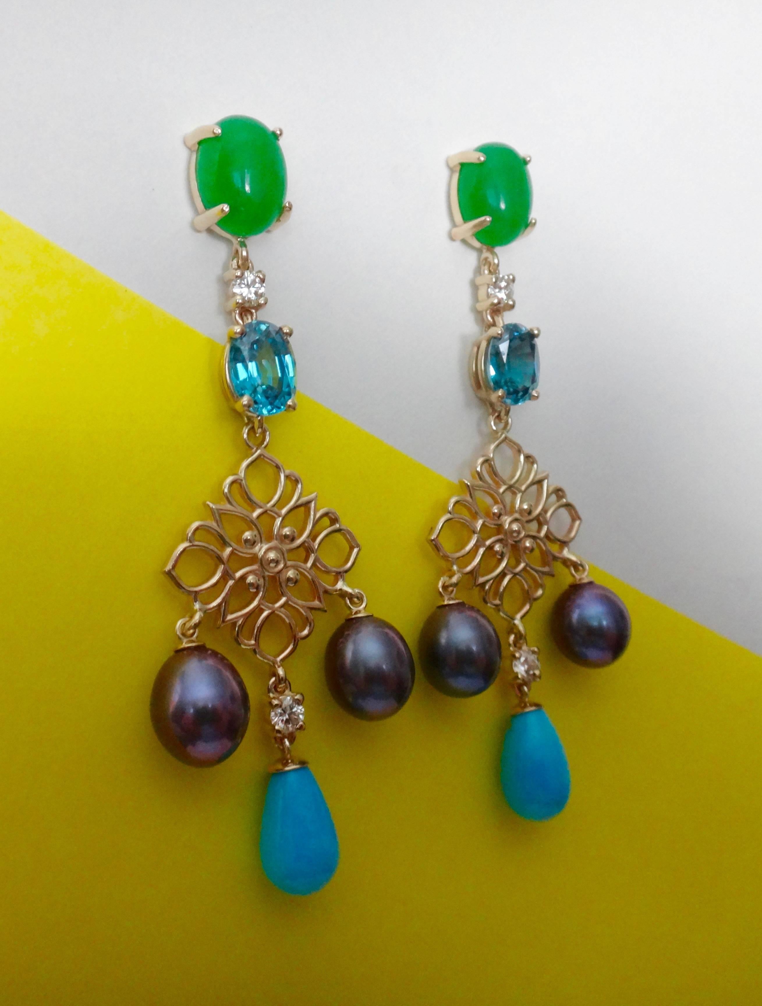 Michael Kneebone Chrysoprase Zircon Diamond Pearl Turquoise Dangle Earrings In Excellent Condition In Austin, TX
