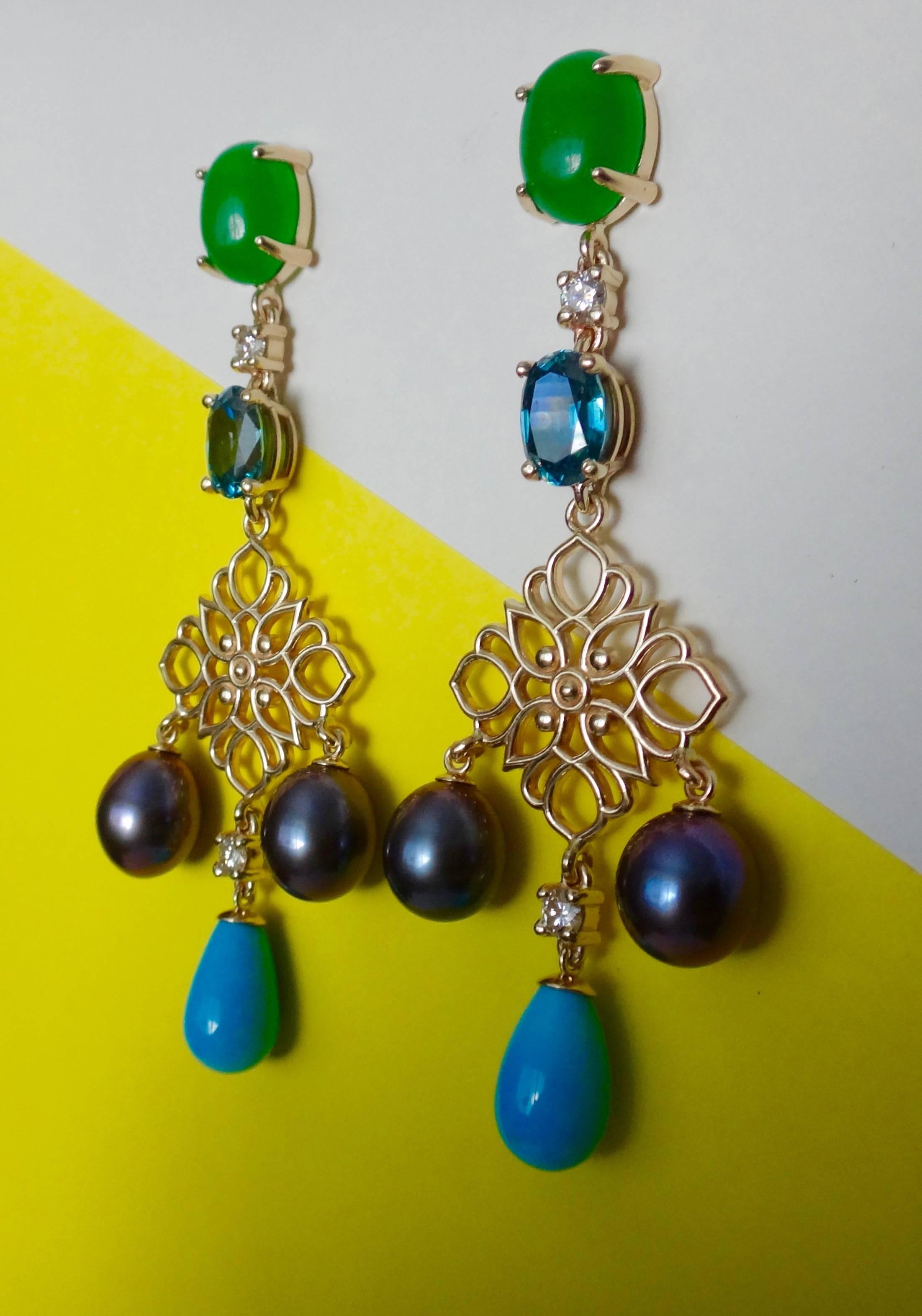Michael Kneebone Chrysoprase Zircon Diamond Pearl Turquoise Dangle Earrings 1