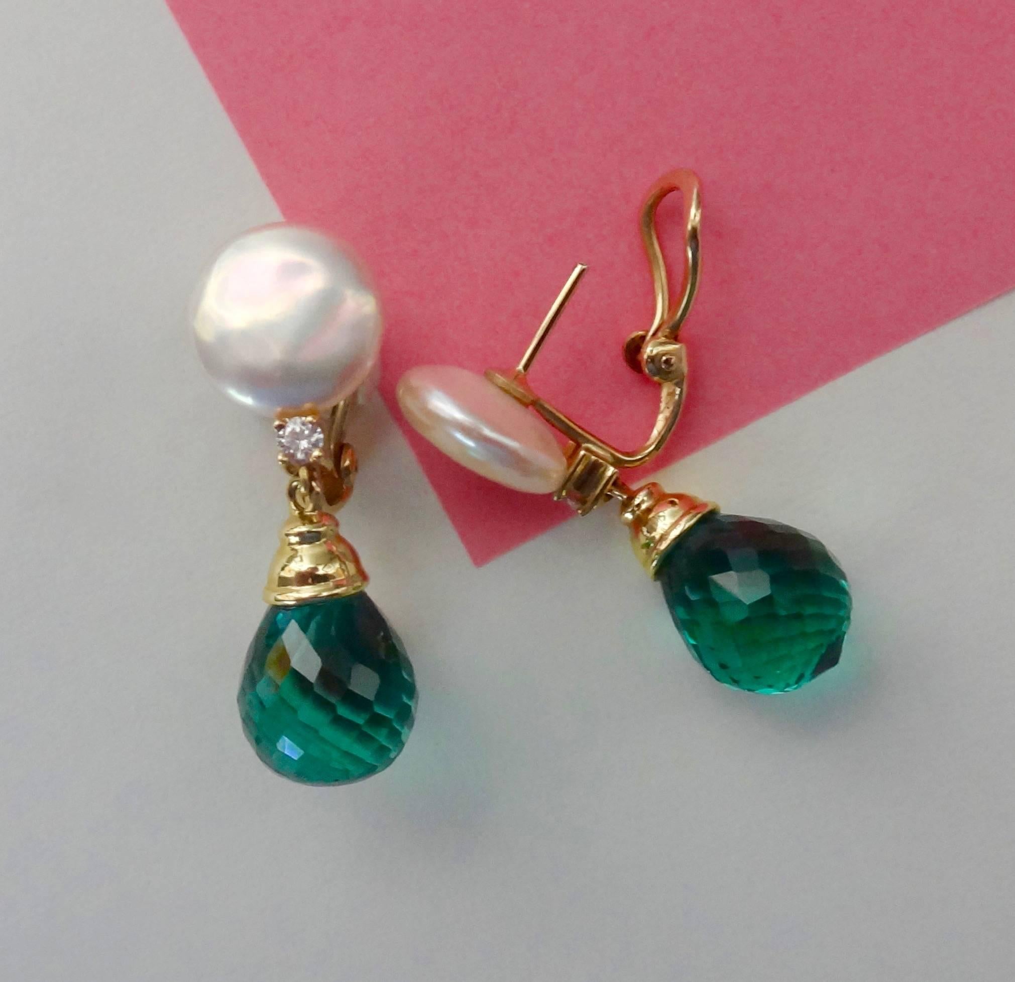 Contemporary Michael Kneebone Coin Pearl Green Amethyst Briolette Diamond Drop Earrings