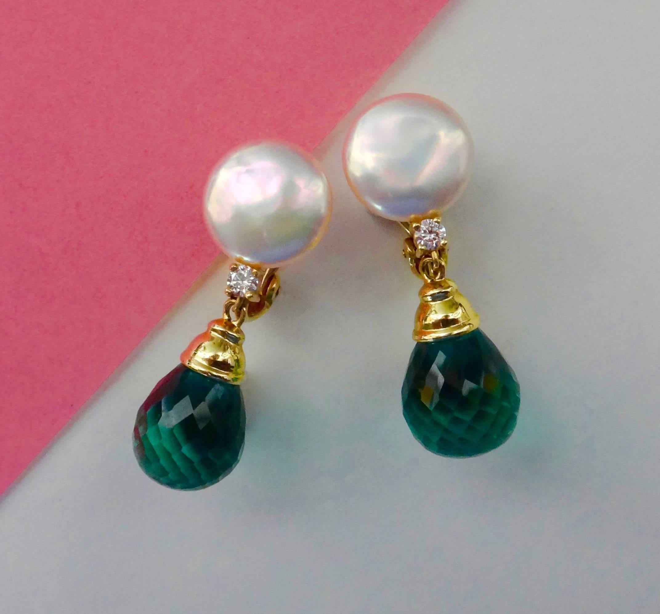 Michael Kneebone Coin Pearl Green Amethyst Briolette Diamond Drop Earrings In Excellent Condition In Austin, TX