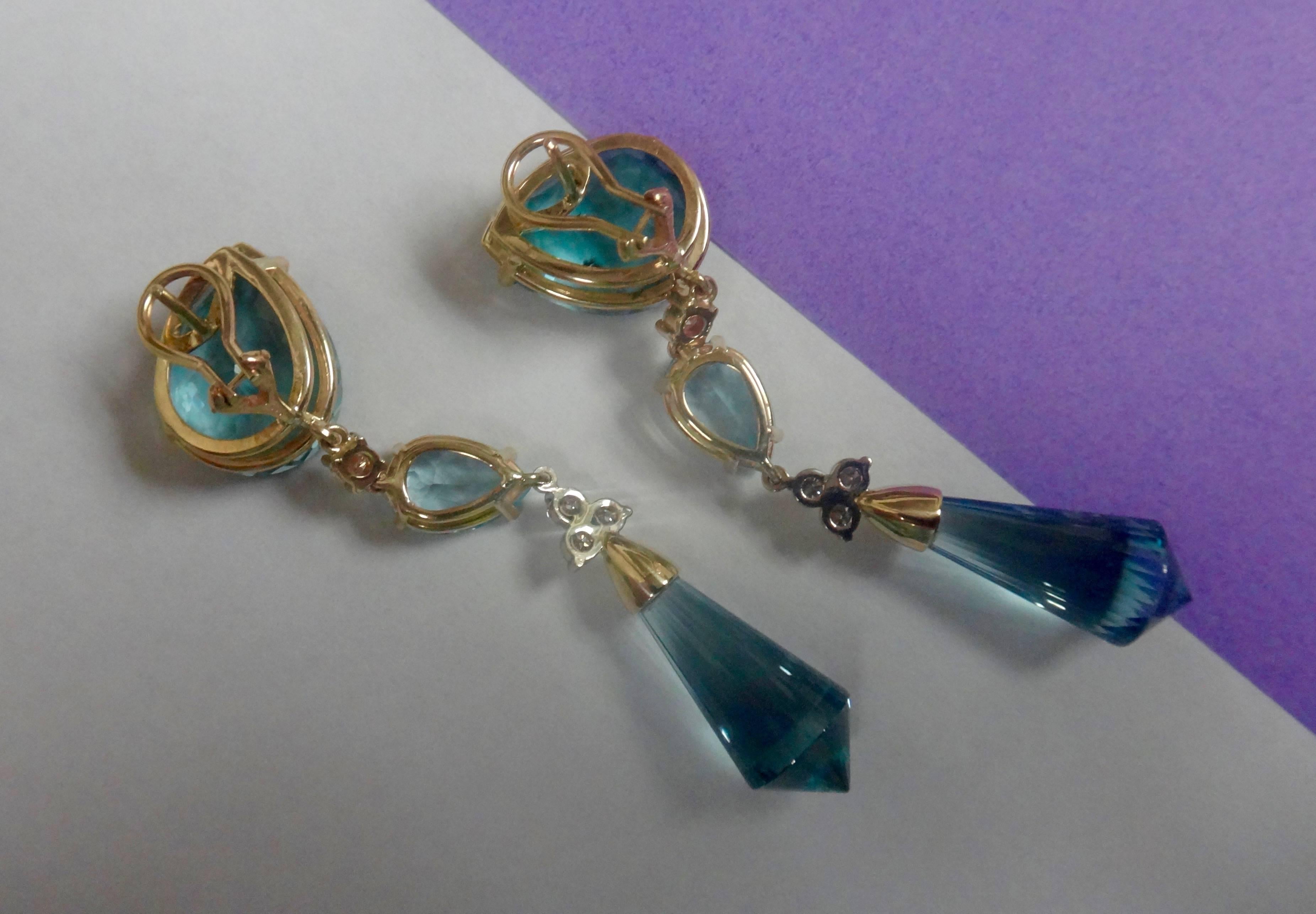 Contemporary Three Color Blue Topaz Briolette Diamond Dangle Drop Earrings