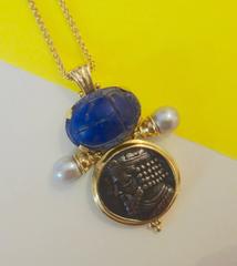 Antique Lapis Lazuli Scarab Silver Amulet Gray Pearl Gold Pendant