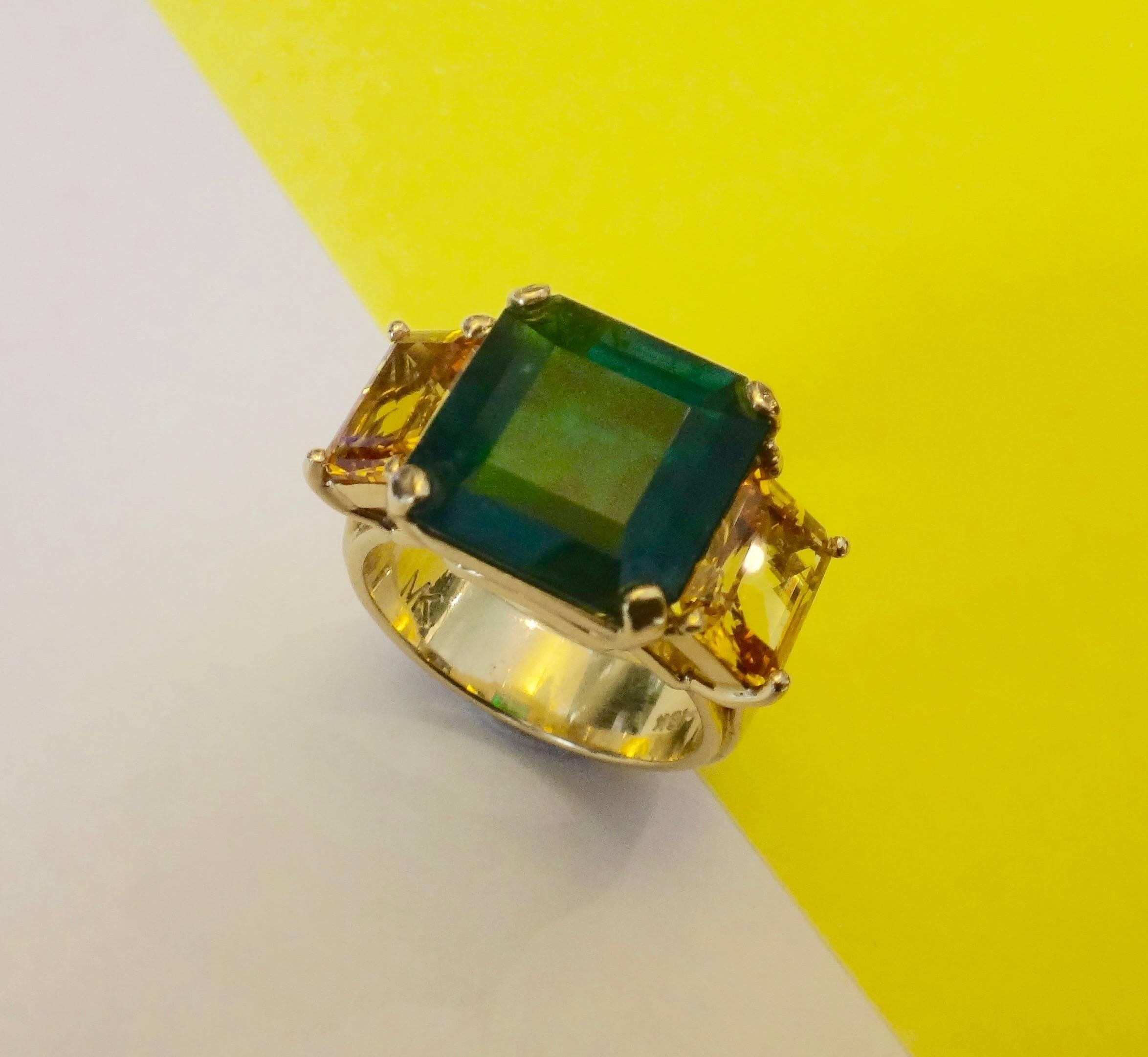 Contemporary Zambian Yellow Sapphire Emerald Gold Three Stone Ring