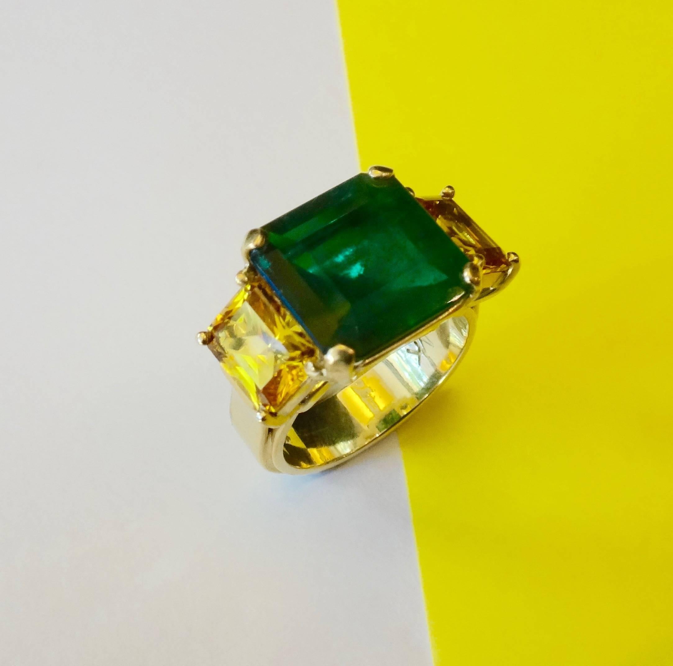 Women's Zambian Yellow Sapphire Emerald Gold Three Stone Ring