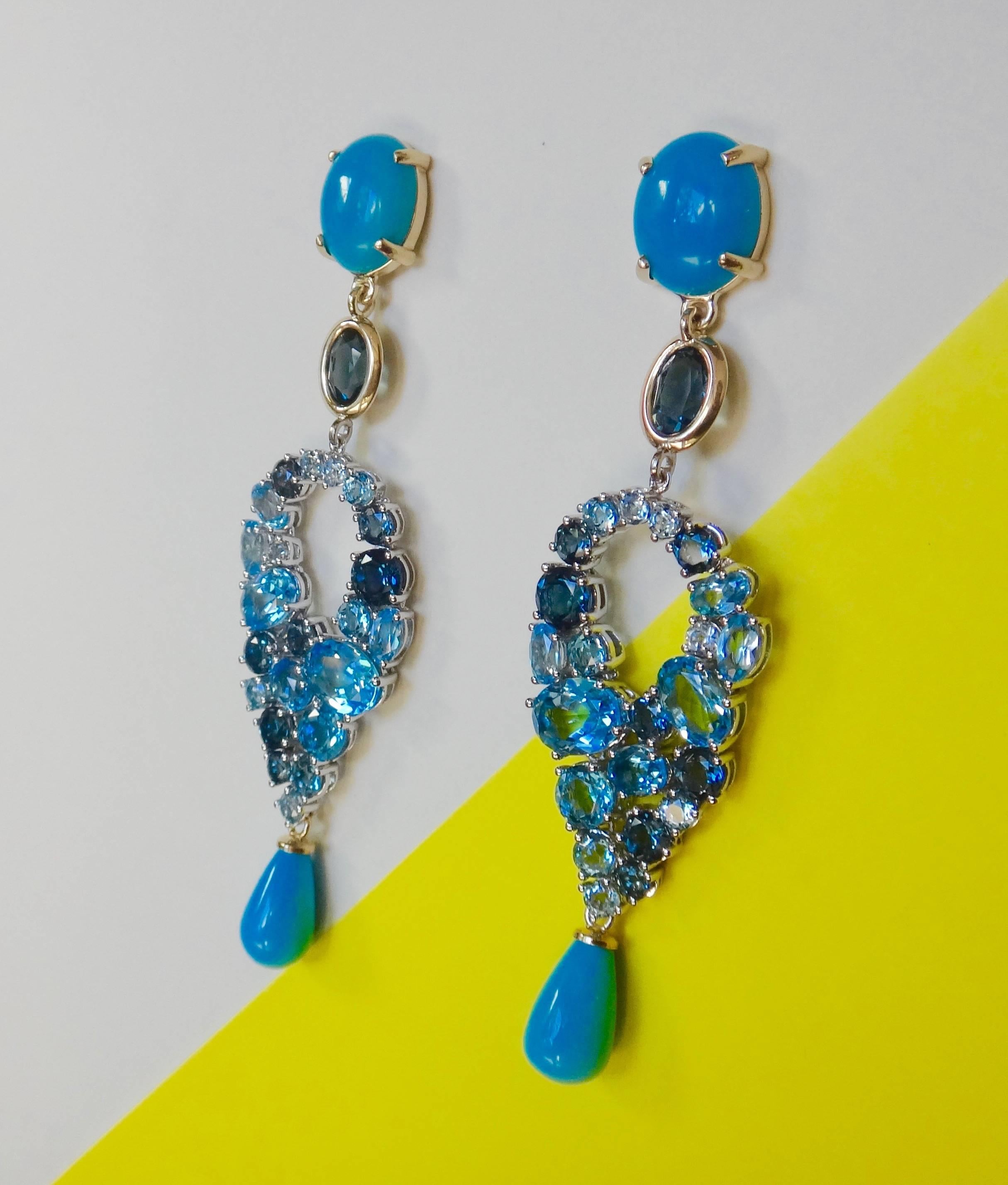 Contemporary Sleeping Beauty Turquoise Blue Topaz Two Color Gold Dangle Earrings