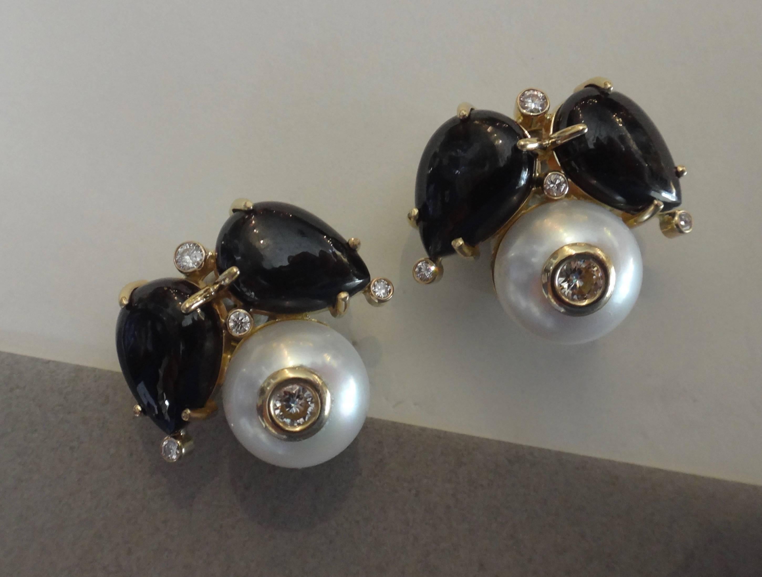 Women's Cabochon Black Spinel Pearl Diamond Gold Button Earrings