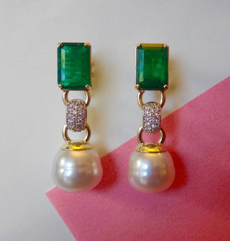 Zambian Emerald Paspaley South Sea Pearl Pave Diamond Gold Dangle Contemporary Zambian Emerald Paspaley South Sea Pearl Pave Diamond Gold Dangle Earrings For