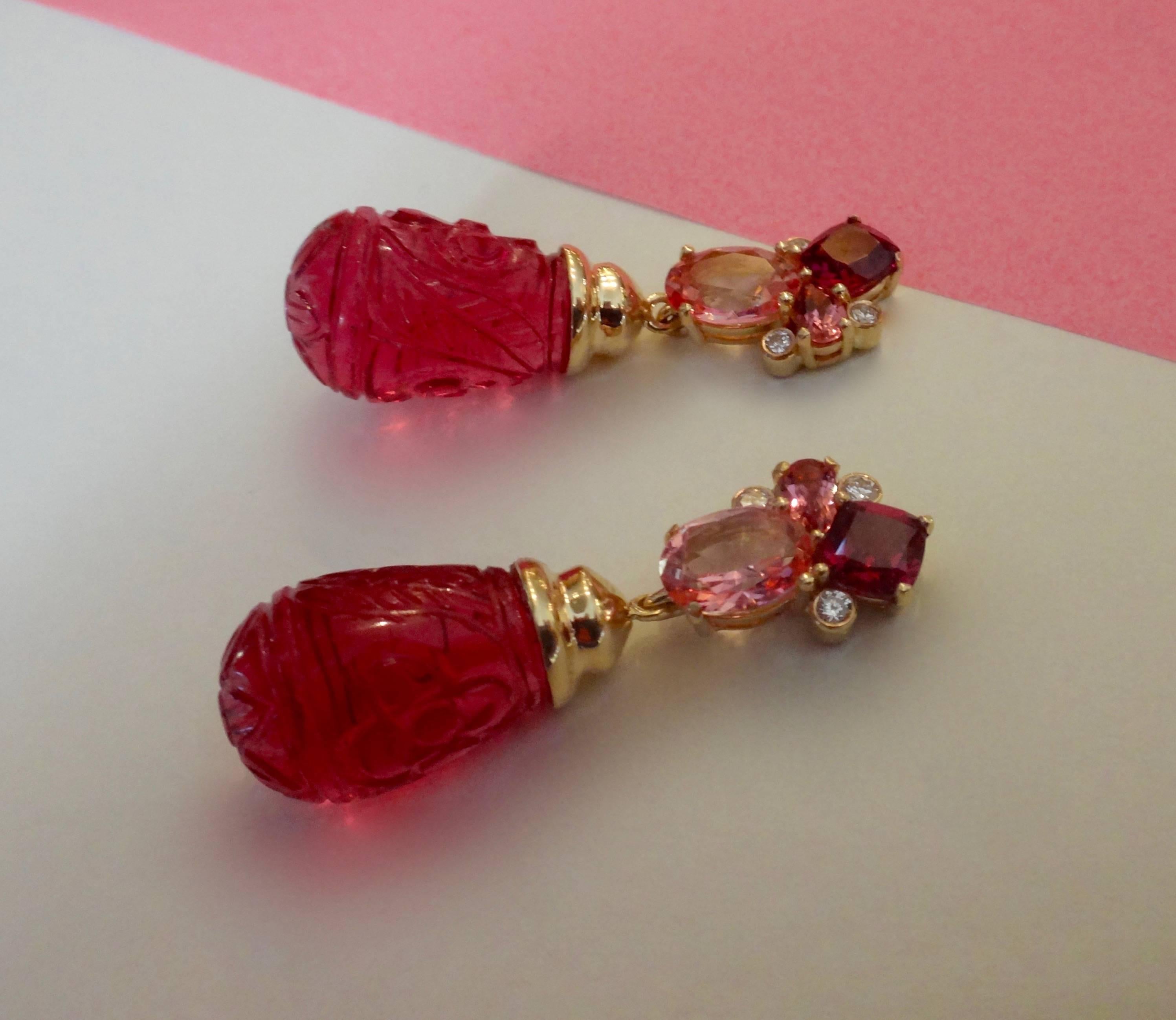Contemporary Rhodolite Garnet Pink Tourmaline Carved Pink Topaz Diamond Dangle Drop Earrings