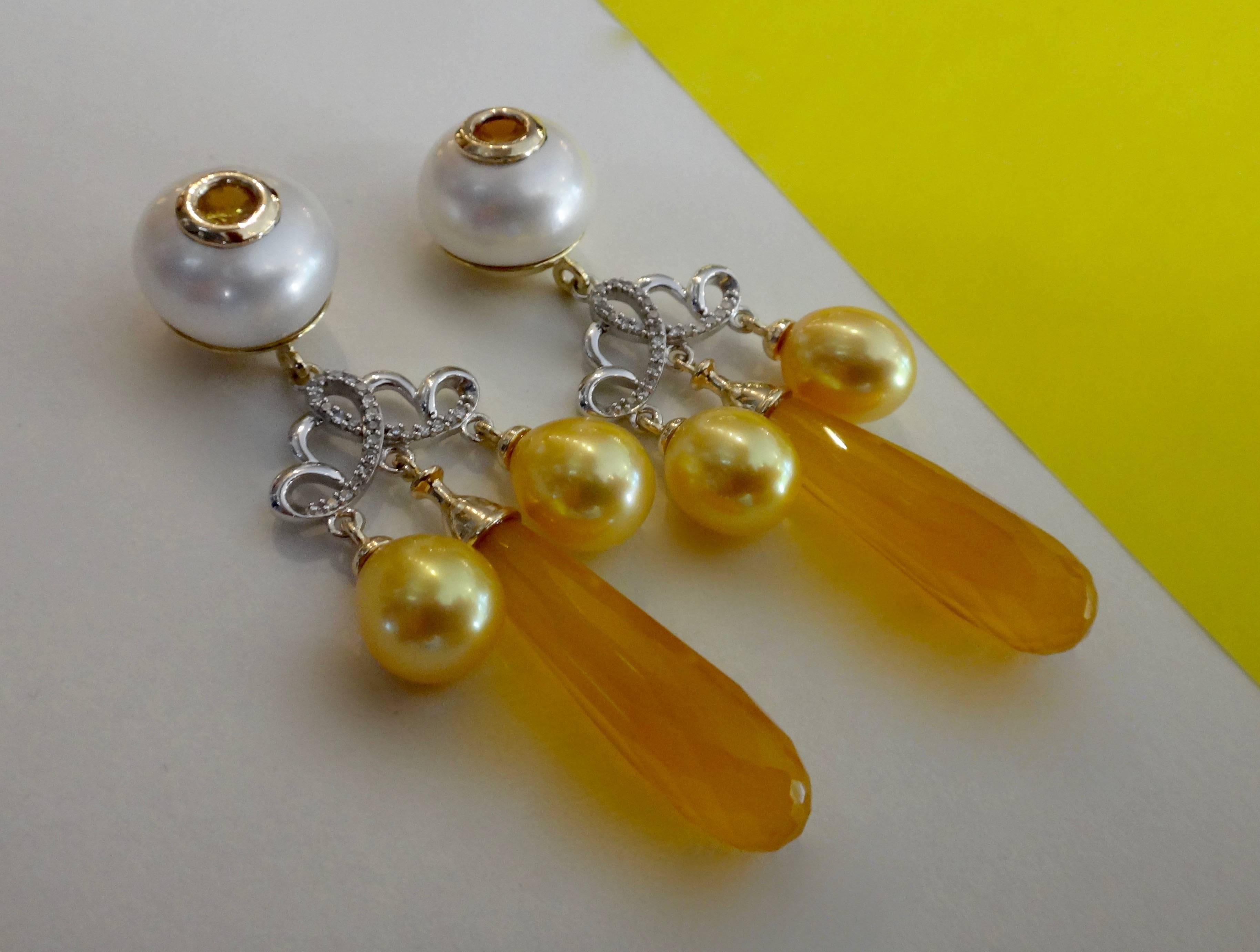 Contemporary Michael Kneebone Golden Chalcedony Yellow Sapphire Pearl Diamond Dangle Earrings