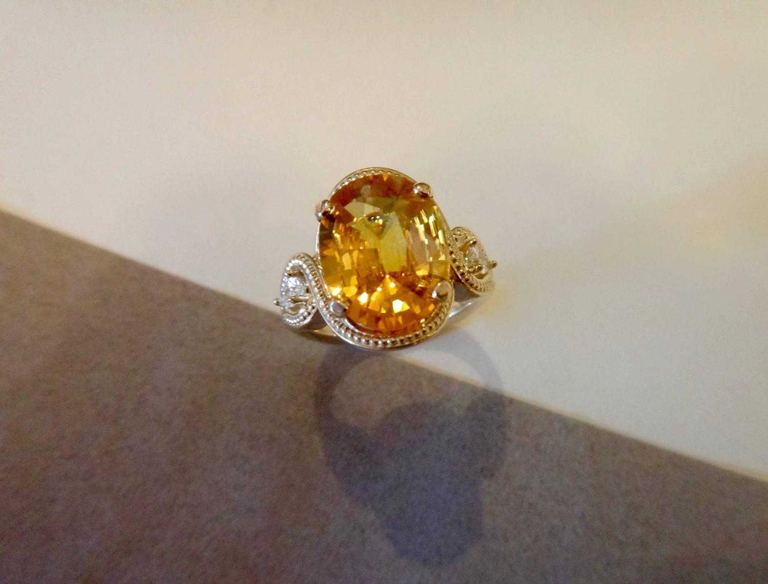 Saffron Yellow Sapphire Pear Shaped Diamond Three Stone Ring For Sale