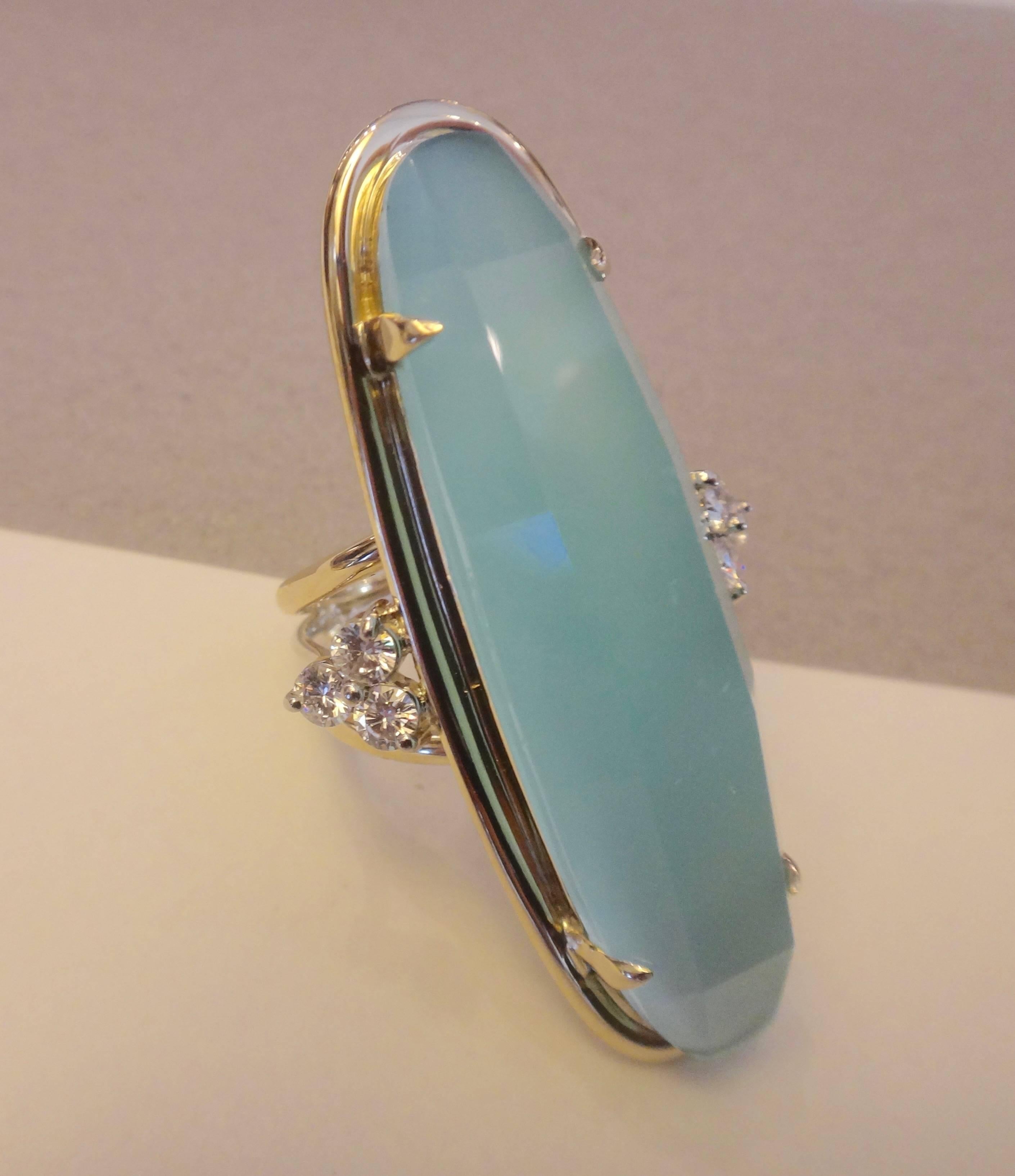 Pearlescent Aquamarine Diamond Yellow Gold Cocktail Ring In Excellent Condition In Austin, TX