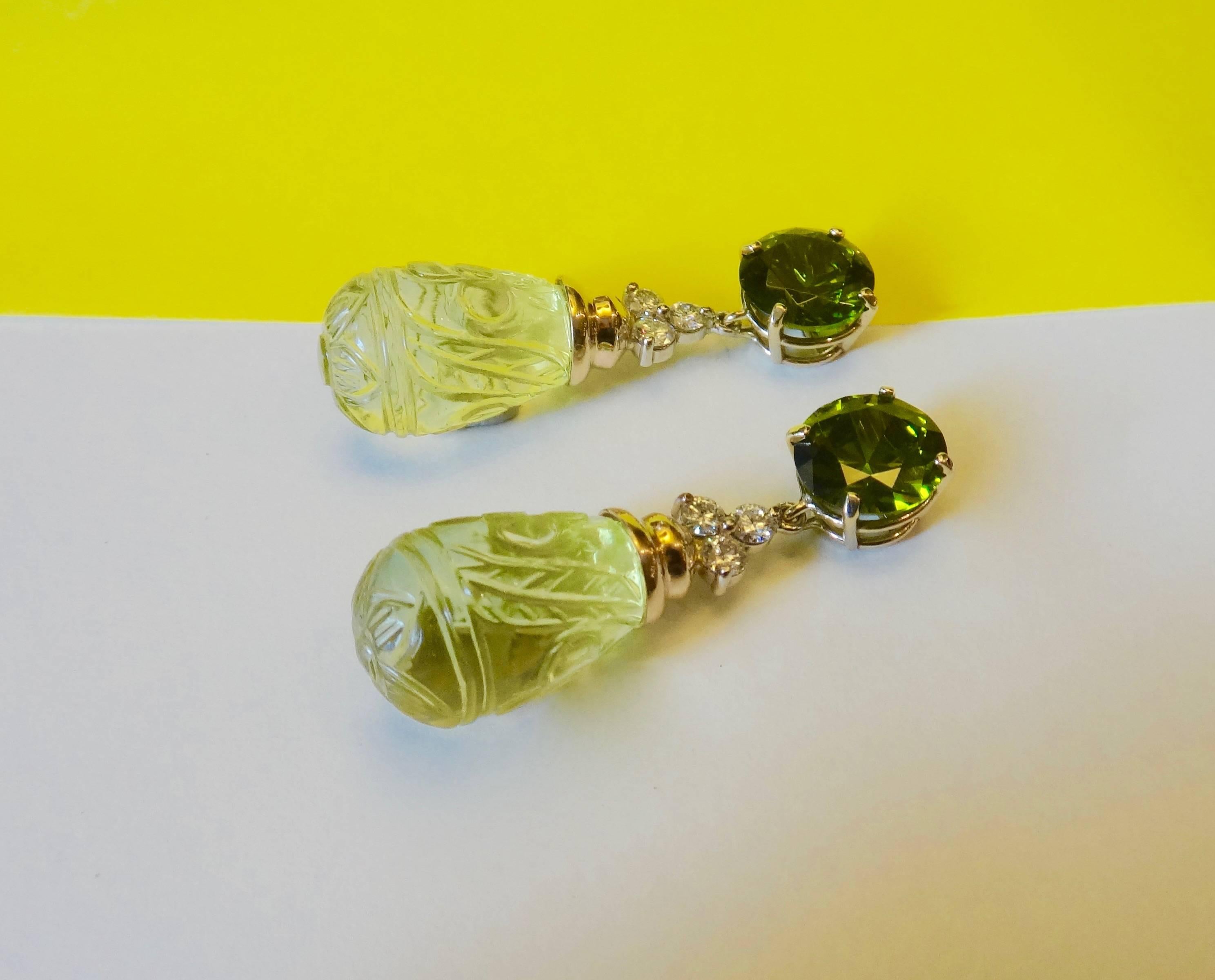 Contemporary Michael Kneebone Green Zircon Diamond Carved Lemon Citrine Dangle Earrings