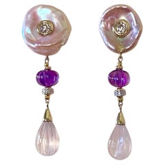 Michael Kneebone Pink Petal Pearl Amethyst Rose Quartz Dangle Earrings