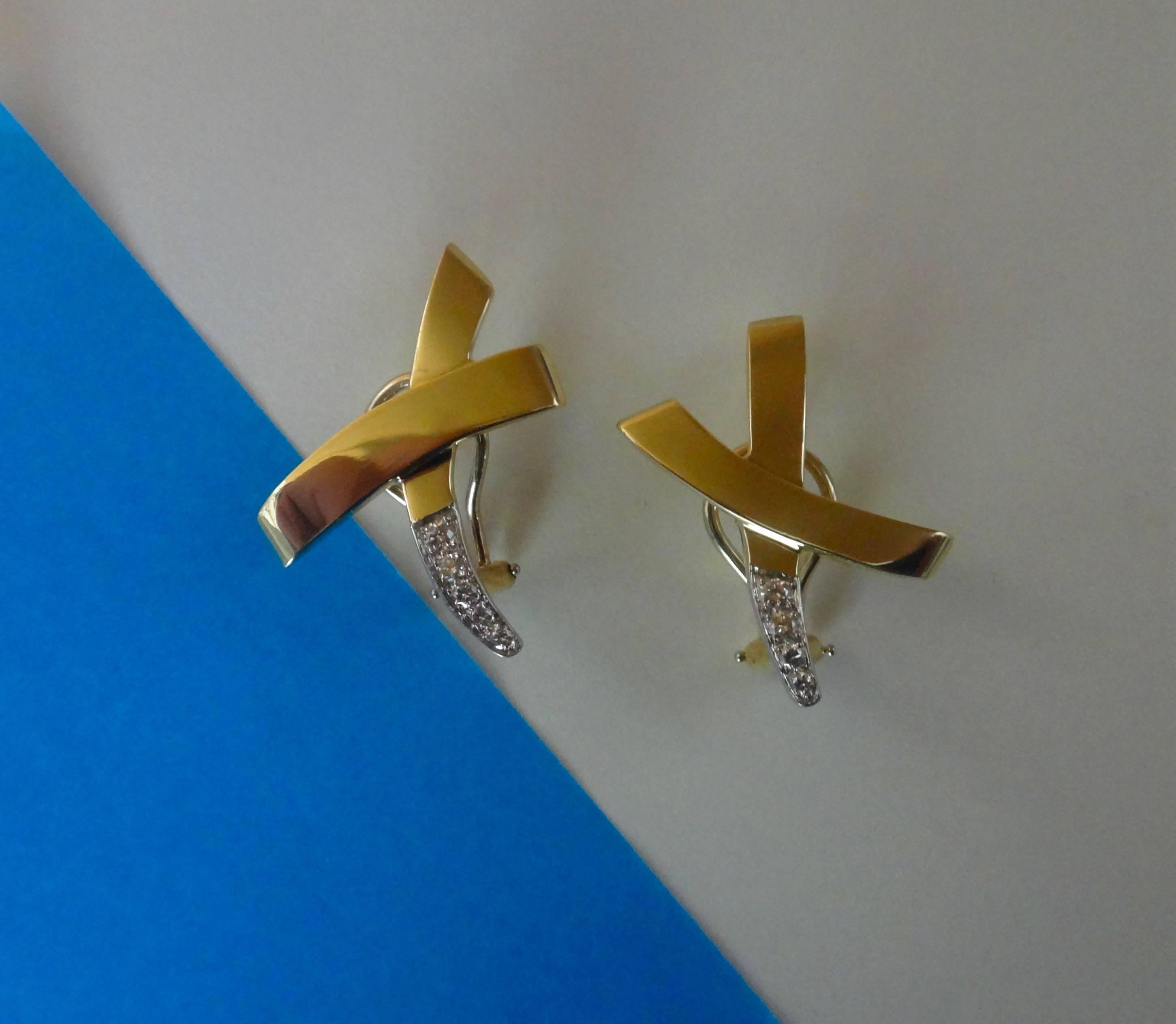 Extra large X earrings in 18k yellow gold with pave diamonds set in platinum by Paloma Picasso for Tiffany and Co.  The earrings are in perfect condition  They measure 1 3/8 inches across the longest bar.  Marked Tiffany & Co., Paloma Picasso,