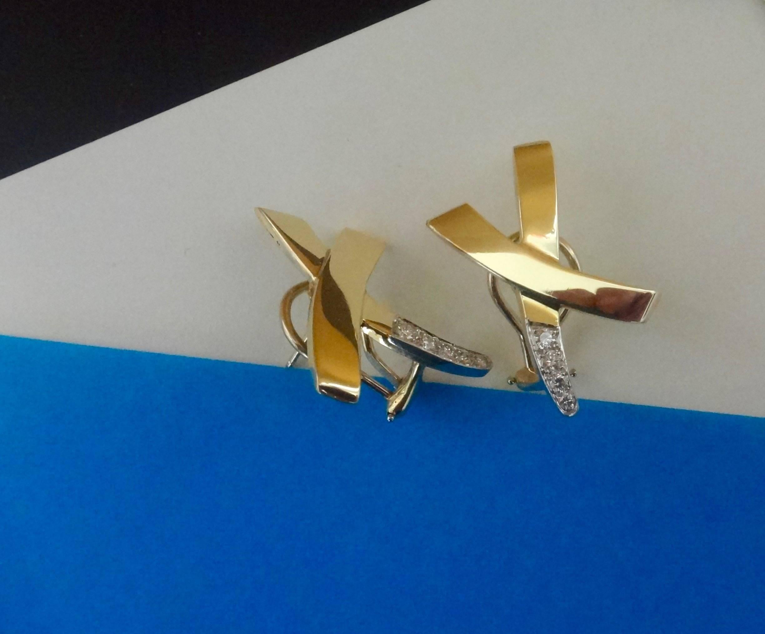 Tiffany & Co. Paloma Picasso Pave Diamond Yellow Gold Platinum X Earrings In Excellent Condition In Austin, TX