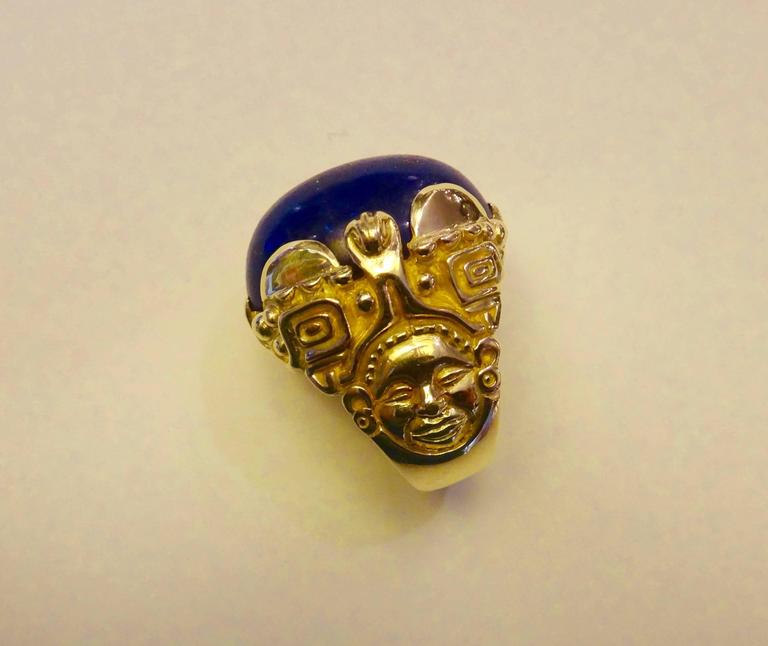 Contemporary Lapis Lazuli Aztec Design Norah Pierson Gold Ring