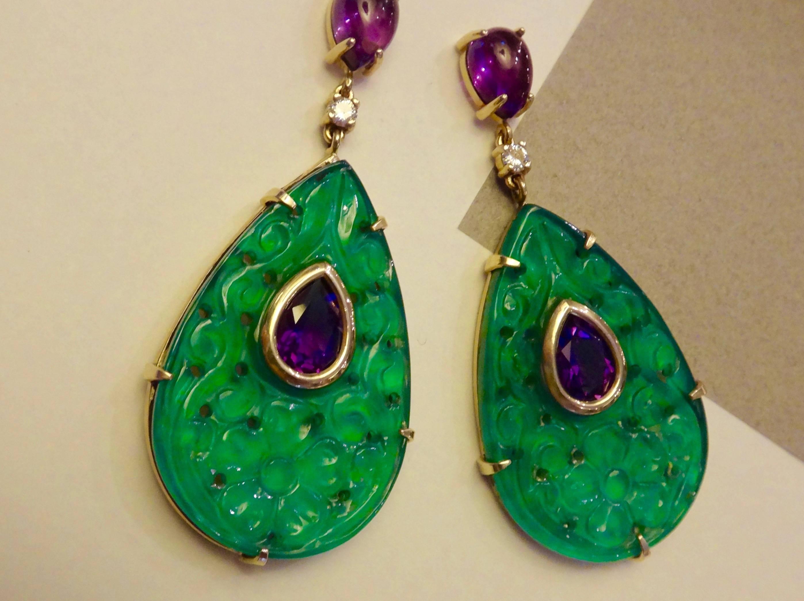 Contemporary Michael Kneebone Carved Green Agate Amethyst Diamond Gold Dangle Earrings