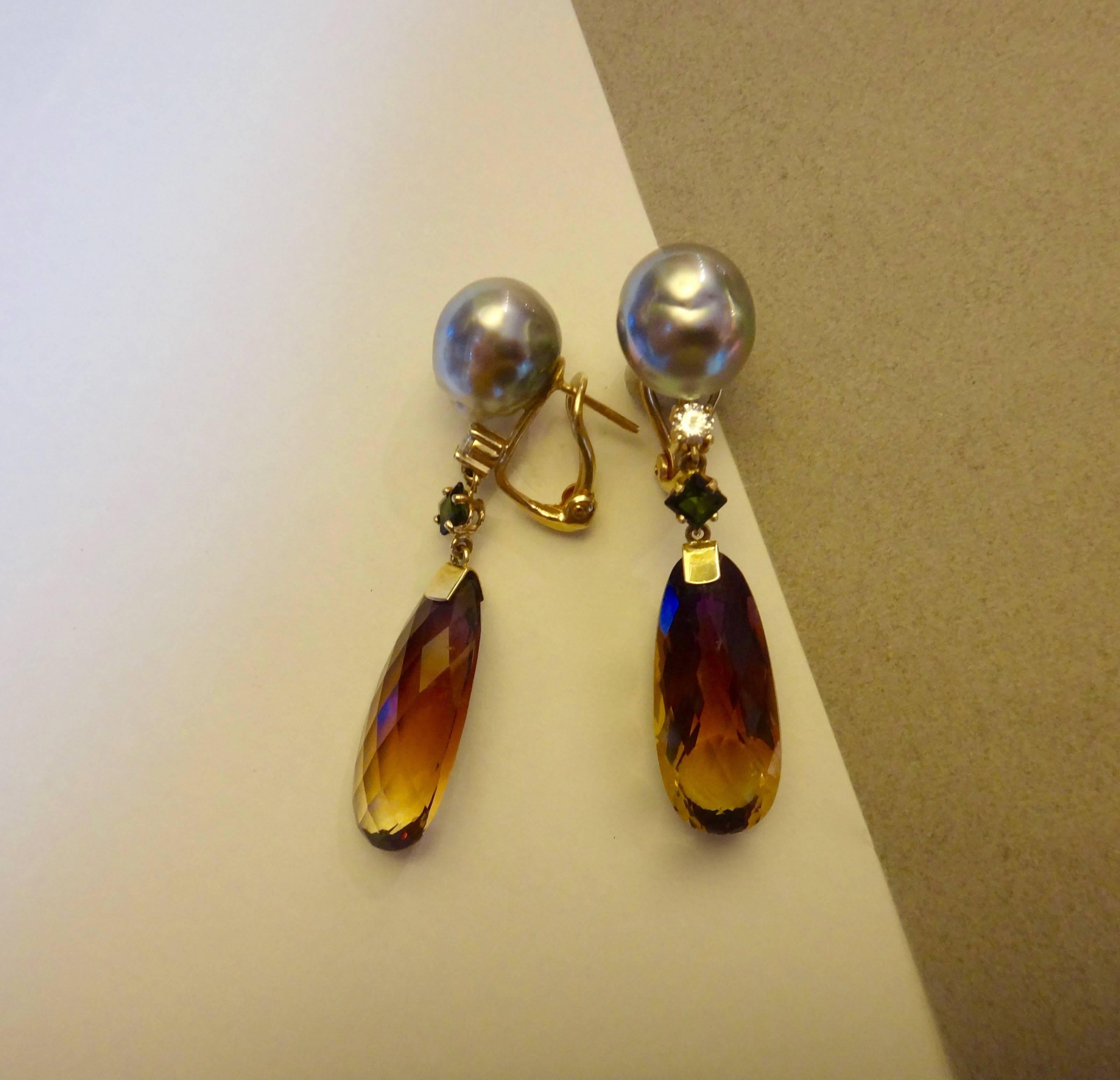 Ametrine Green Tourmaline Baroque Tahitian Pearl Diamond Gold Dangle Earrings In Excellent Condition In Austin, TX