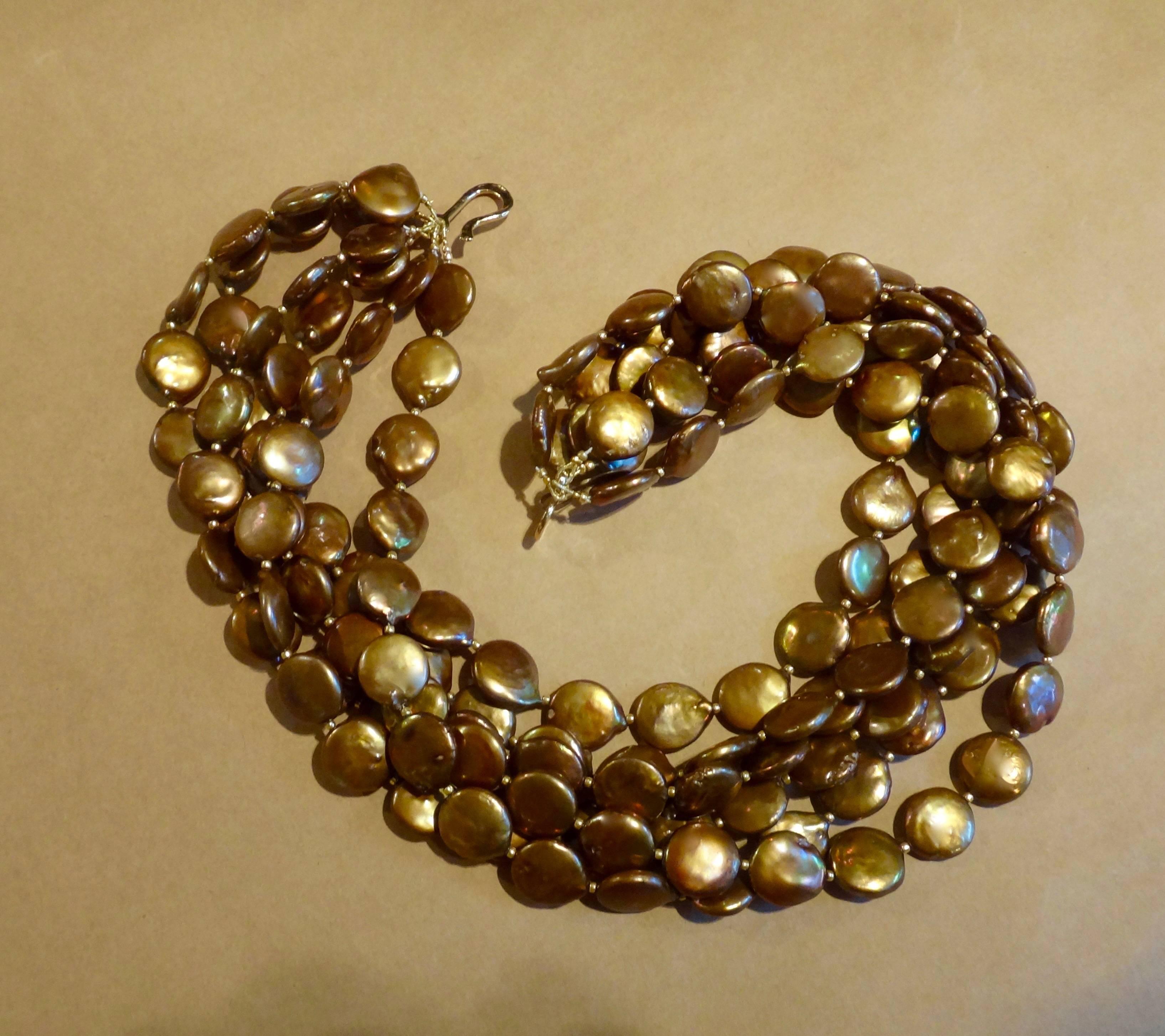 Contemporary Six Strand Bronze Colored Coin Pearl Torsade Necklace