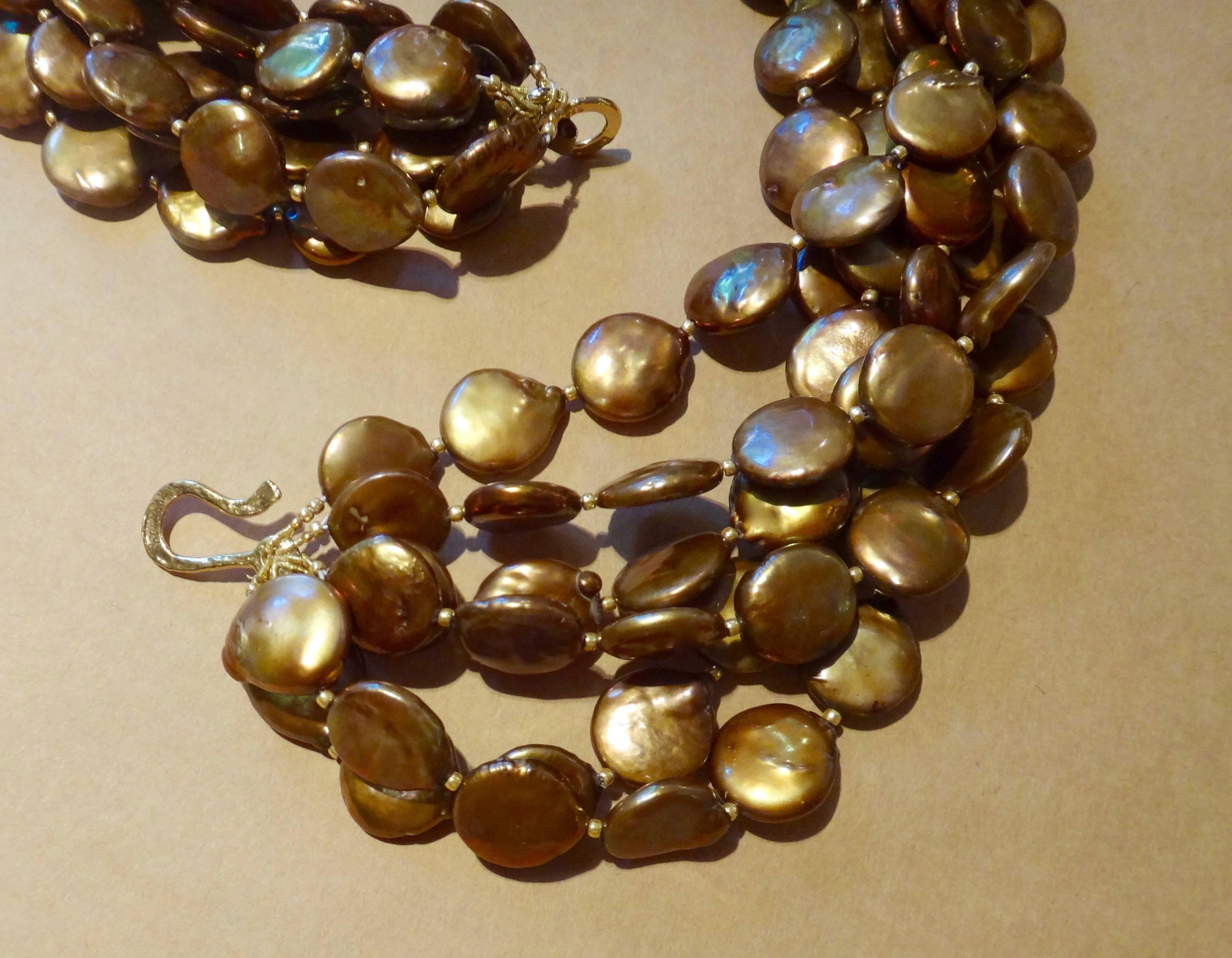 Six Strand Bronze Colored Coin Pearl Torsade Necklace In Excellent Condition In Austin, TX