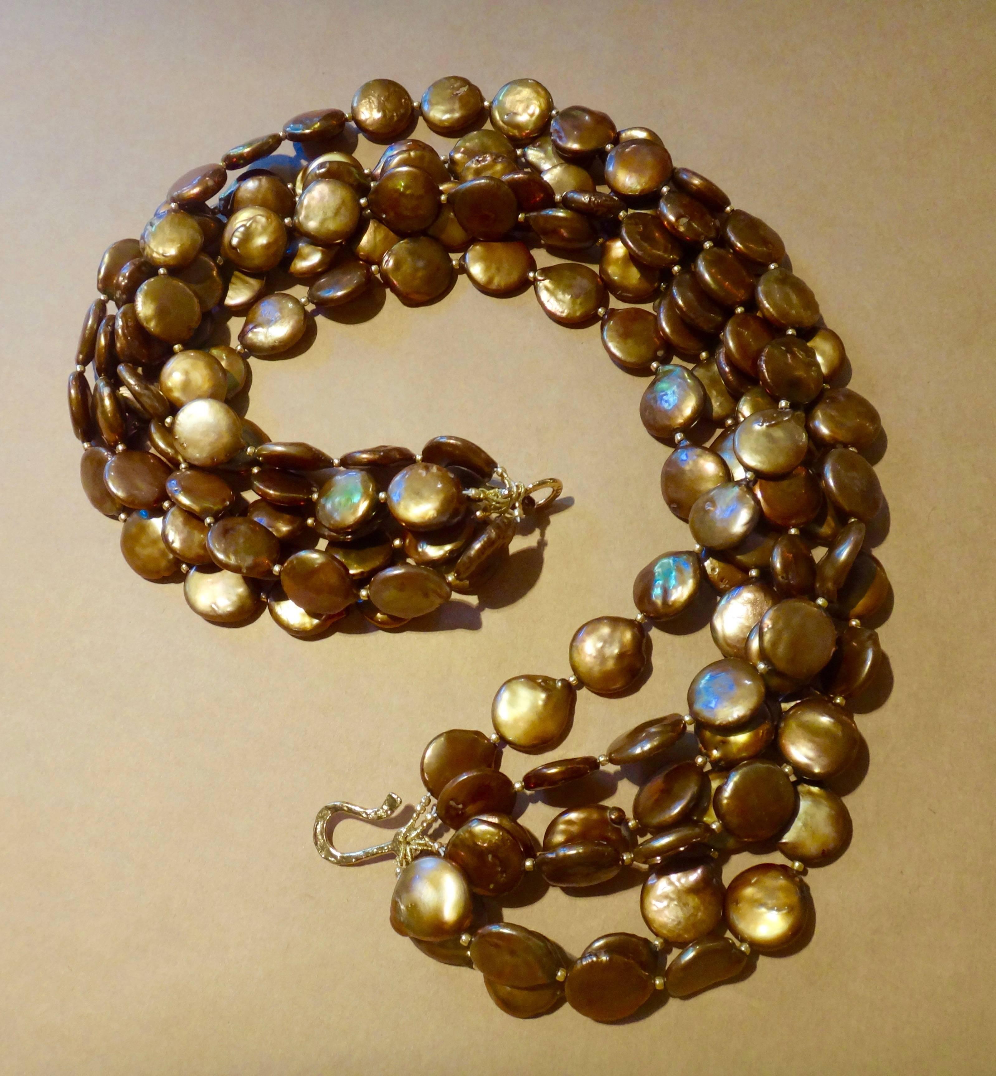 Women's Six Strand Bronze Colored Coin Pearl Torsade Necklace