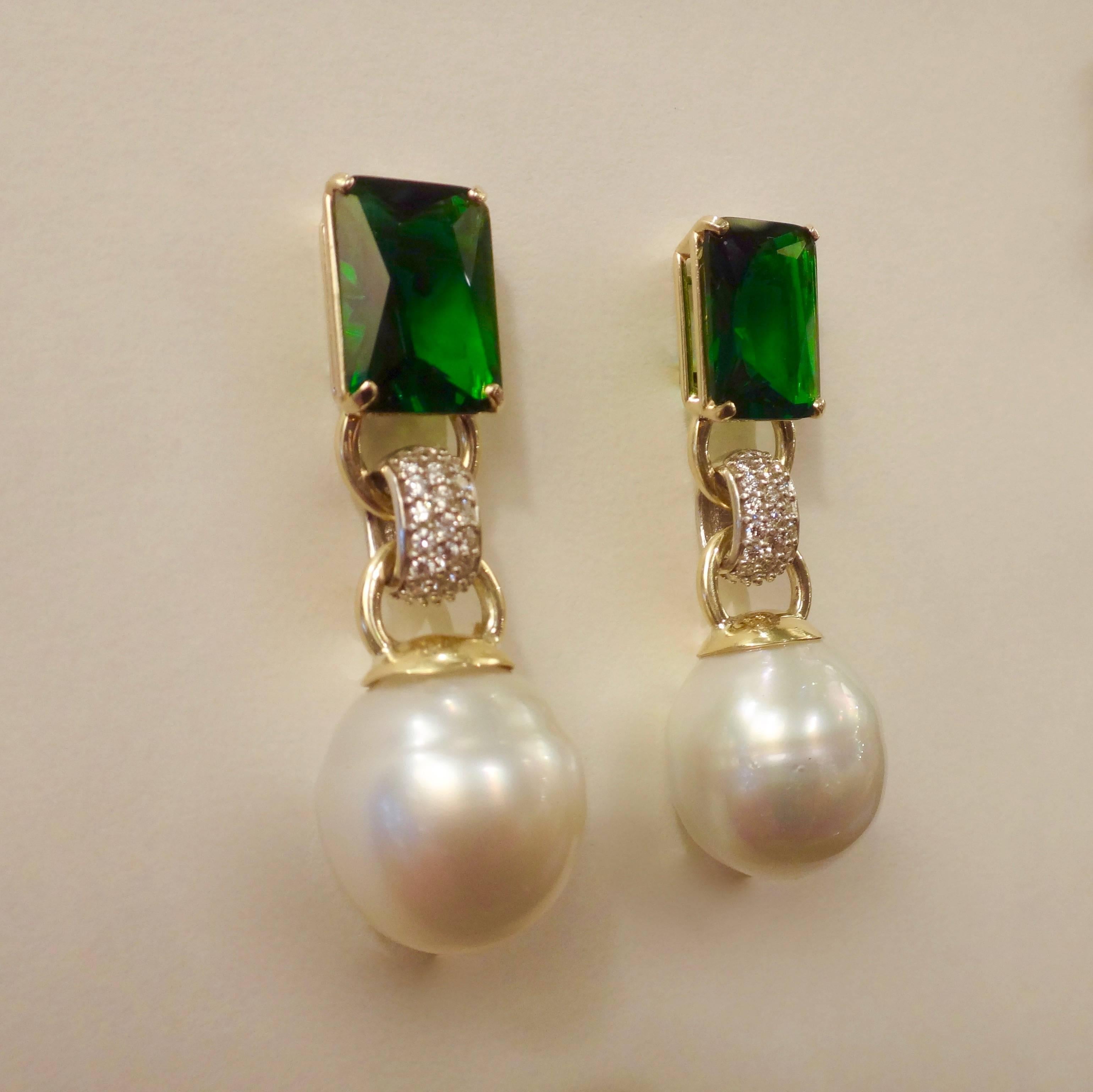 Contemporary Michael Kneebone Green Topaz Diamond Paspaley South Sea Pearl Dangle Earrings