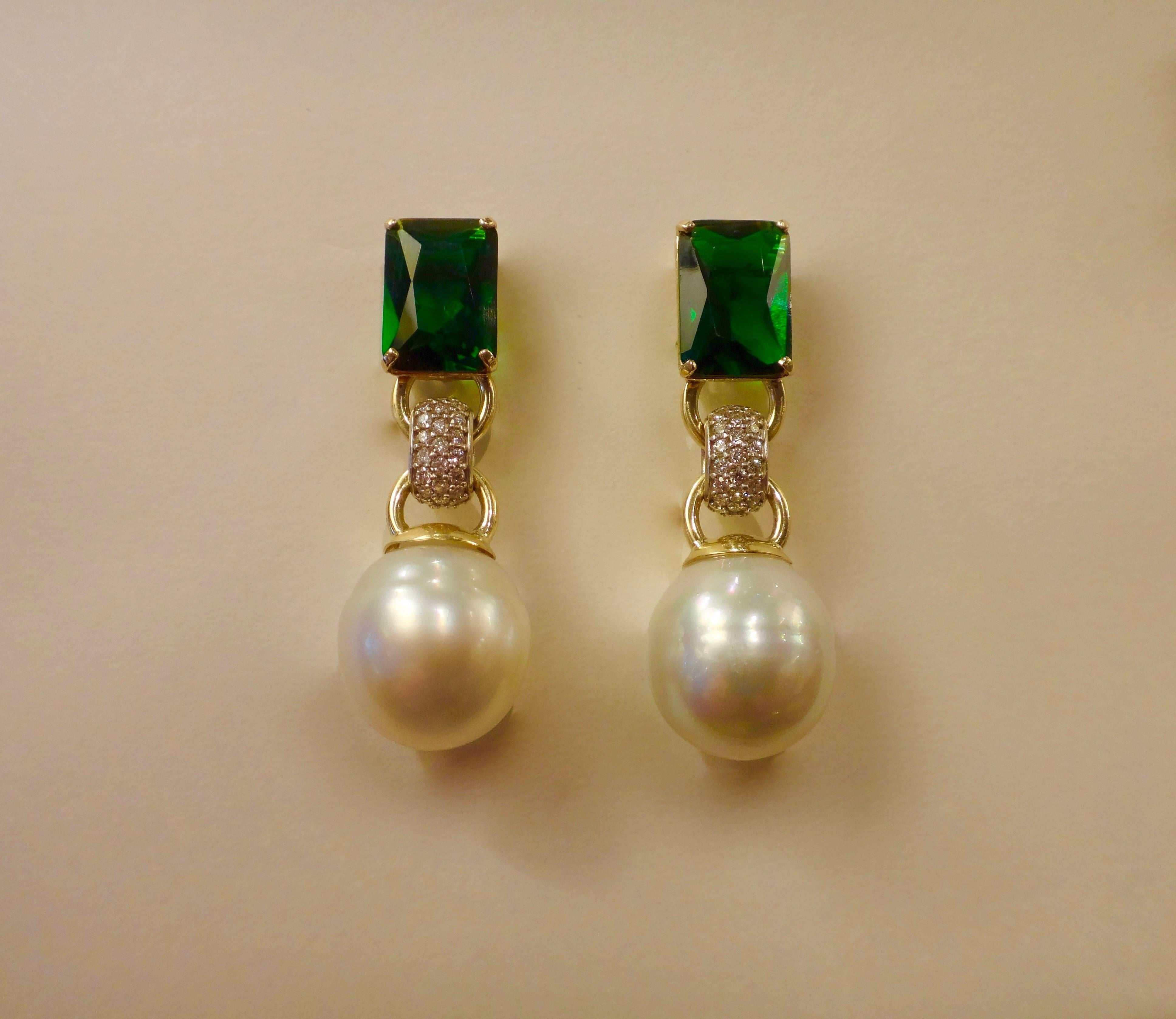 Michael Kneebone Green Topaz Diamond Paspaley South Sea Pearl Dangle Earrings In Excellent Condition In Austin, TX